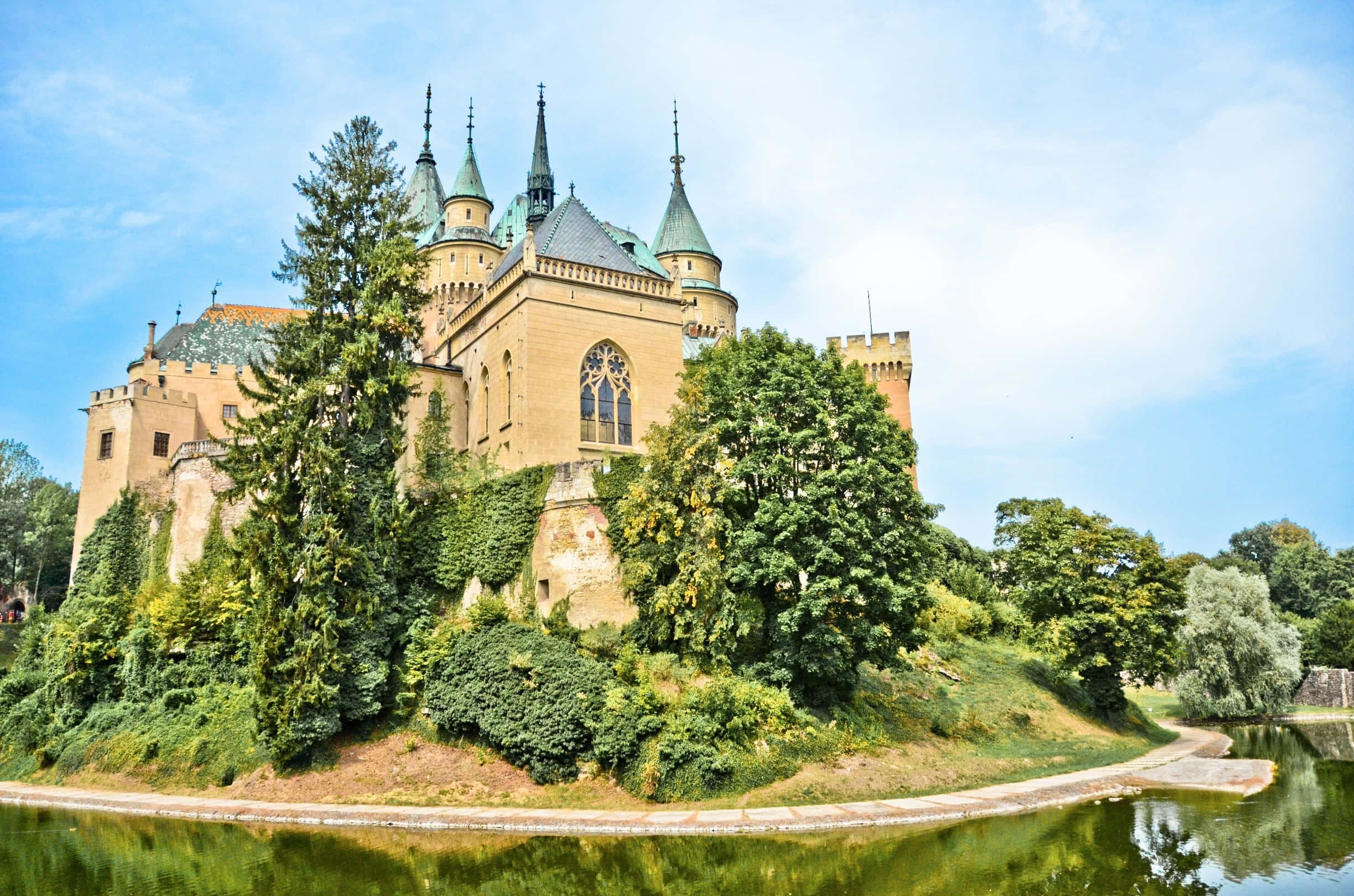Bojnice Castle, blue sky, green spires, Full HD Desktop Wallpaper