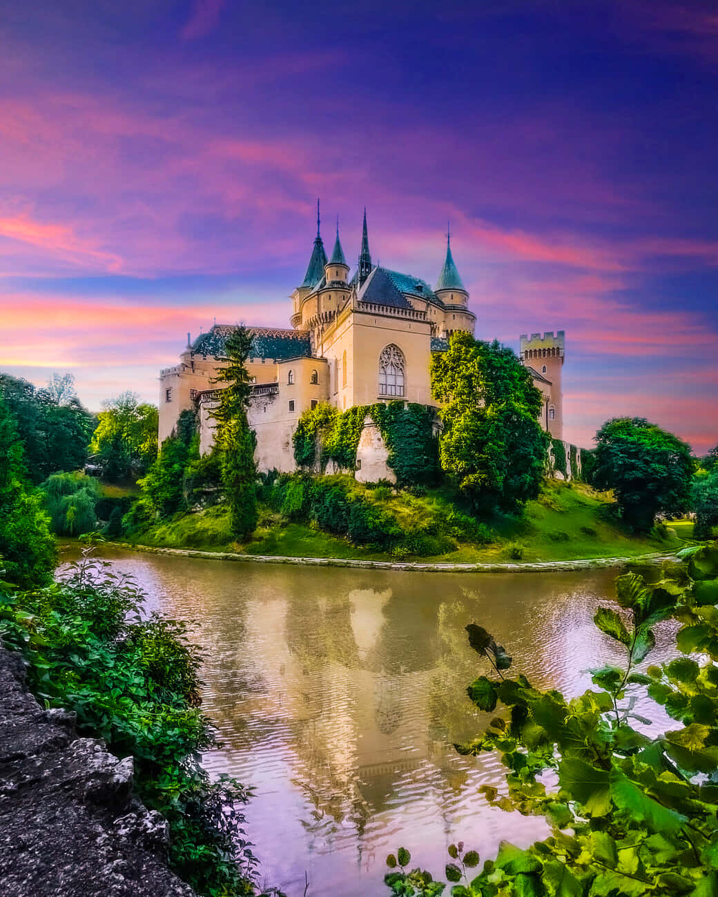 Bojnice Castle, purple sky, pink sunset sky, HD Phone Wallpaper