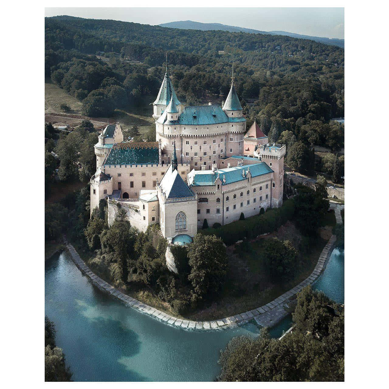Bojnice Castle, teal roofs, lush green forests, HD Desktop Wallpaper
