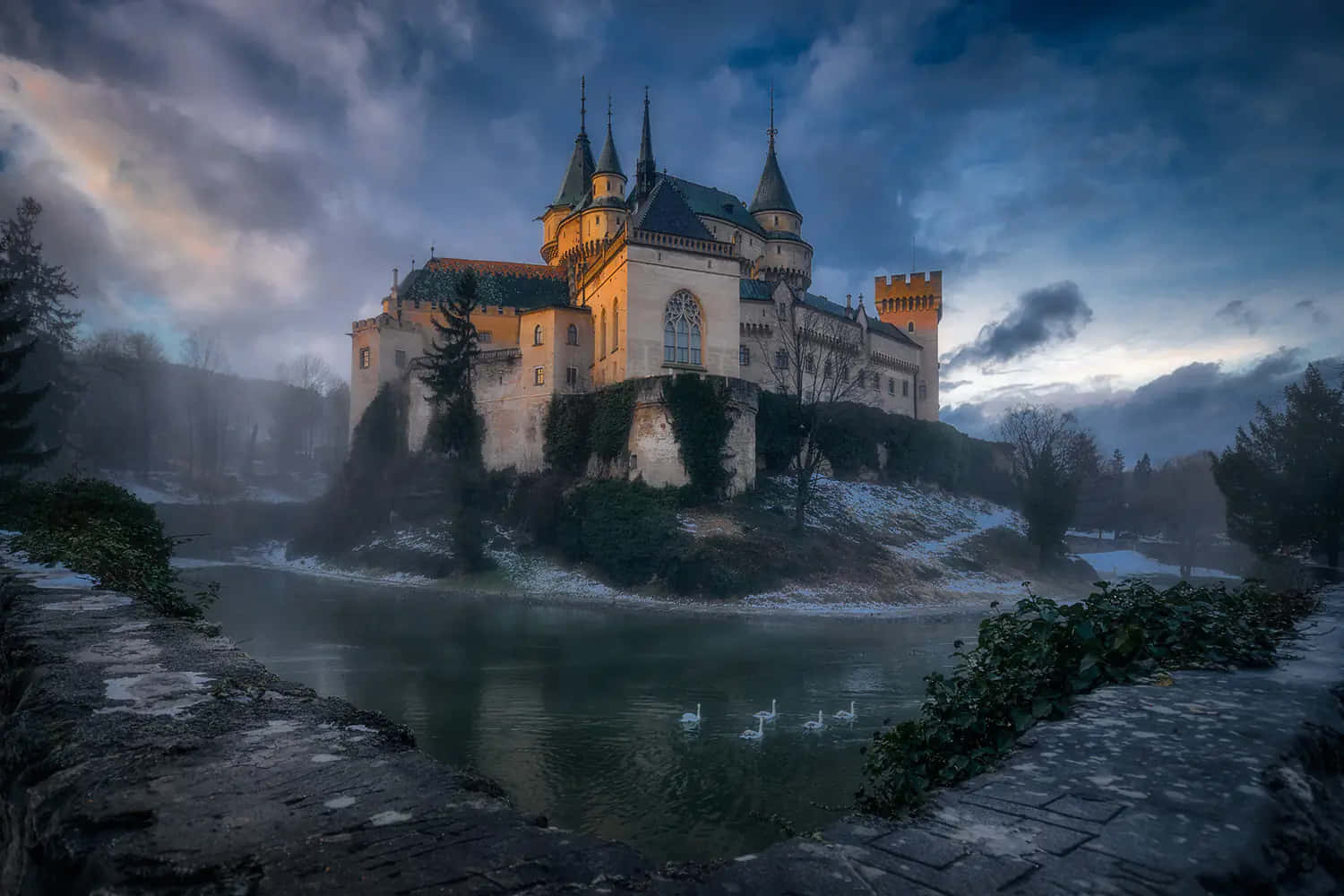 Bojnice Castle, snowy hill, misty river, HD Desktop Wallpaper