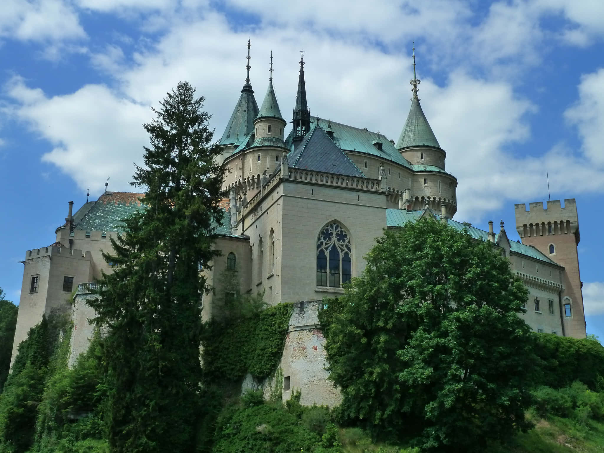 Bojnice Castle, green copper roofs, stone towers, Full HD Desktop Wallpaper