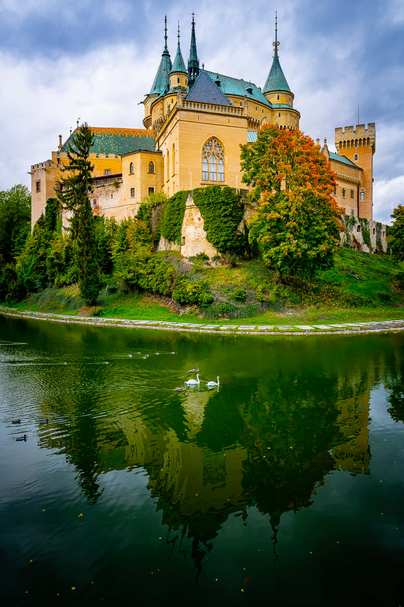 Bojnice Castle, teal spires, golden walls, Full HD Phone Wallpaper
