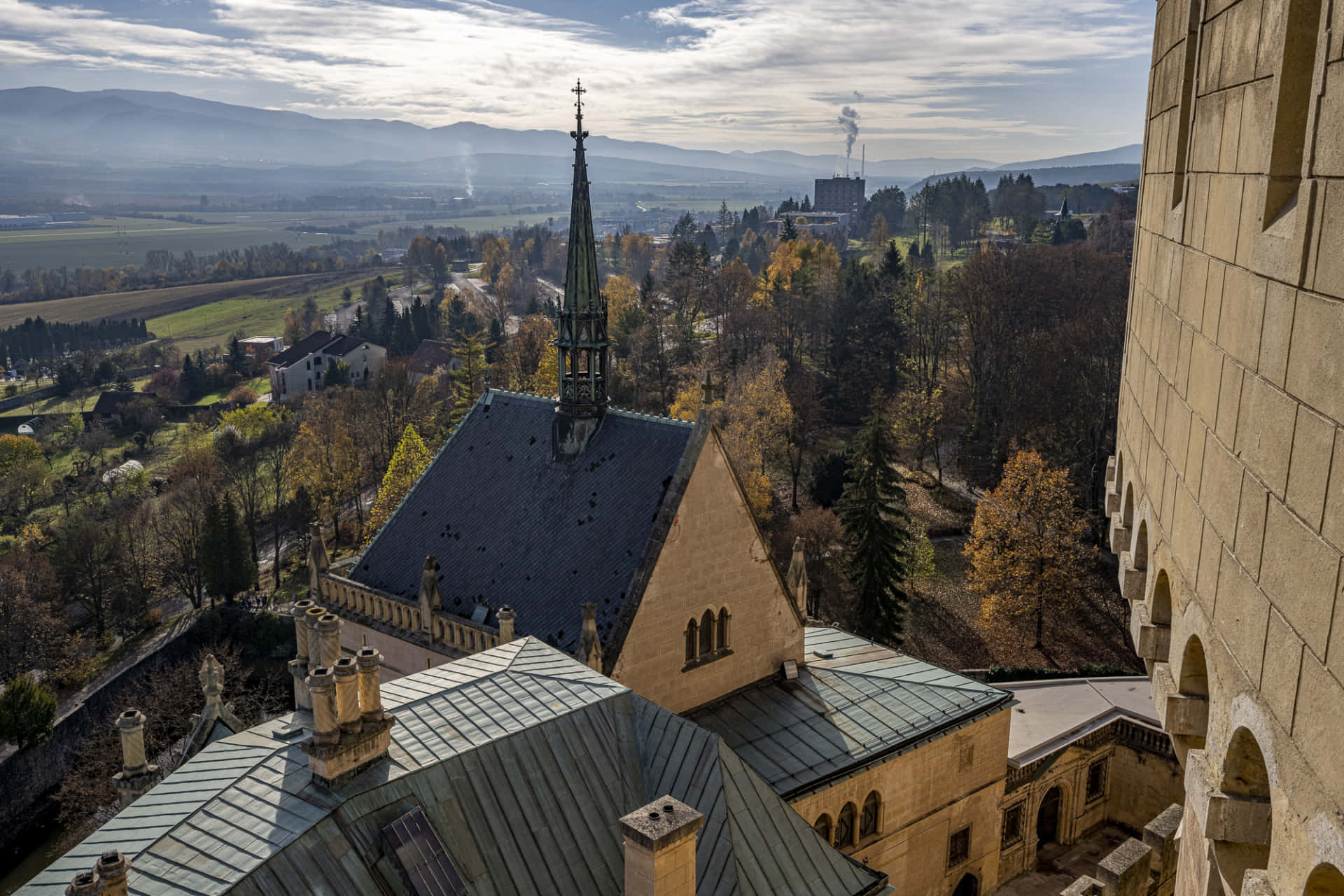 Bojnice Castle, stone tower, historic church spire, Full HD Desktop Wallpaper