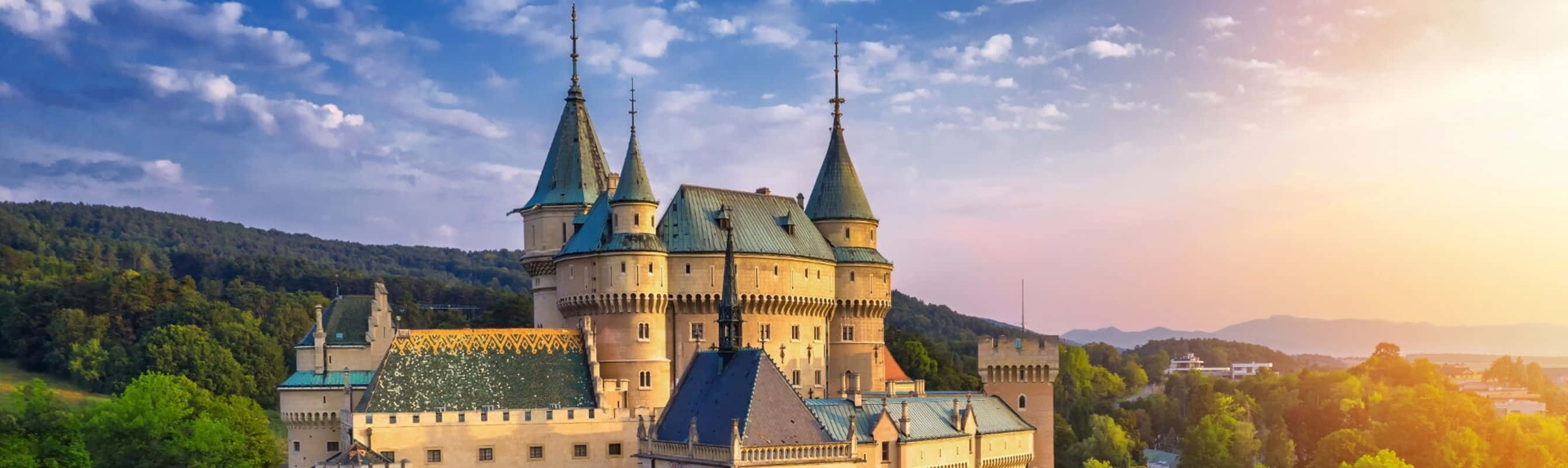 Bojnice Castle, green roofs, turrets, 2K Desktop Wallpaper