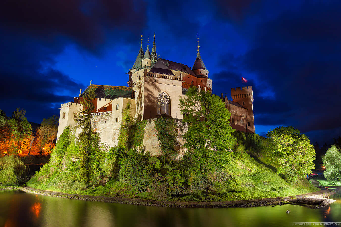 Bojnice Castle, blue night sky, lush green island, HD Desktop Wallpaper