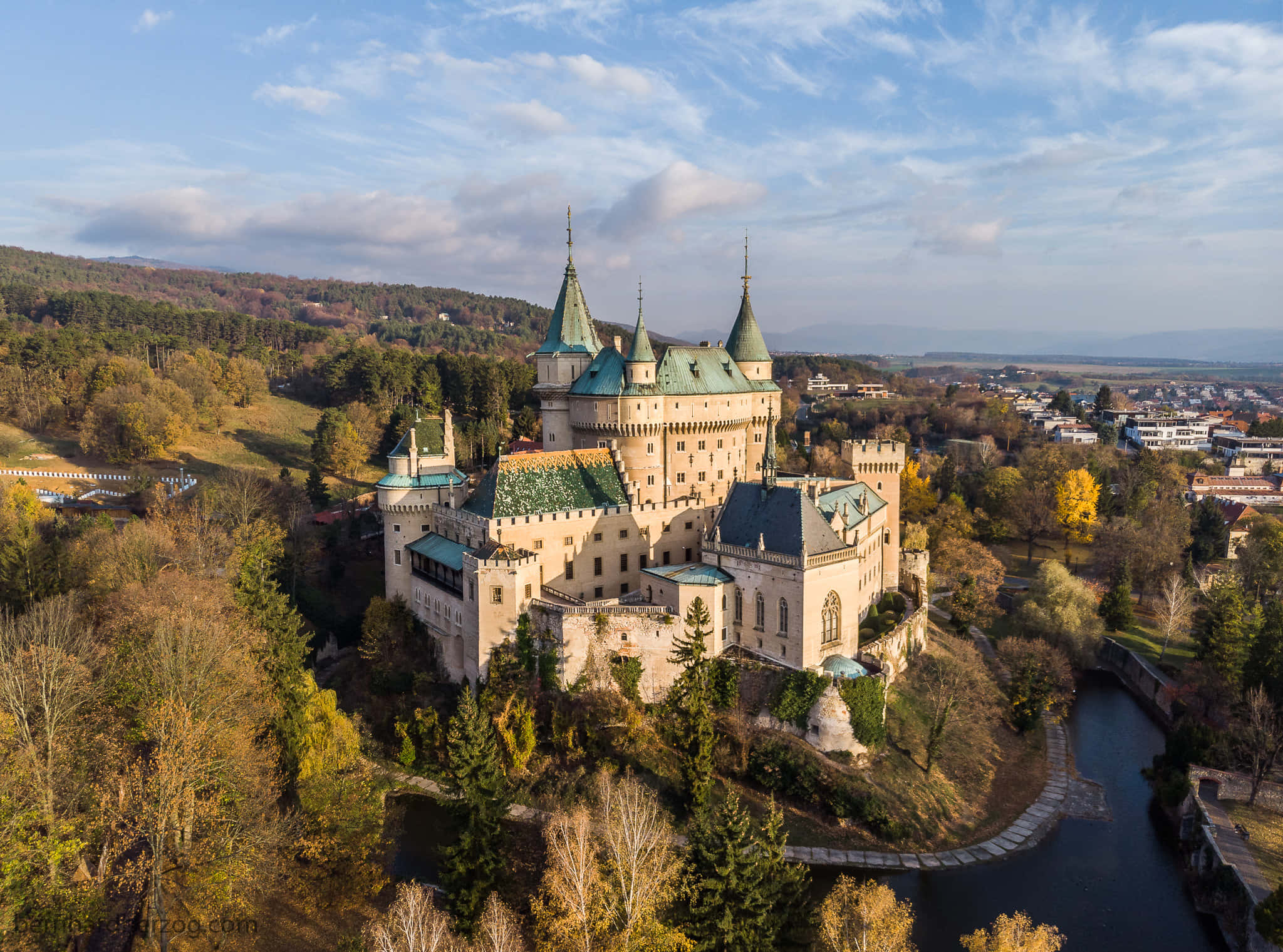 Bojnice Castle, green roofs, autumn trees, Full HD Desktop Wallpaper