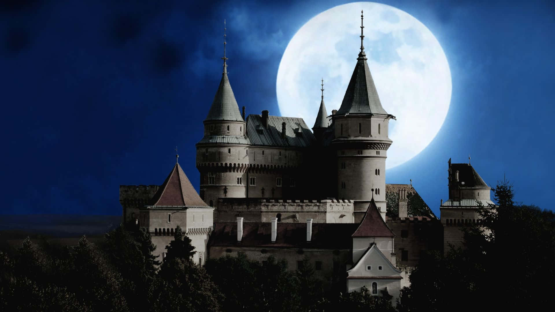 Bojnice Castle, full moon, deep blue night sky, Full HD Desktop Wallpaper