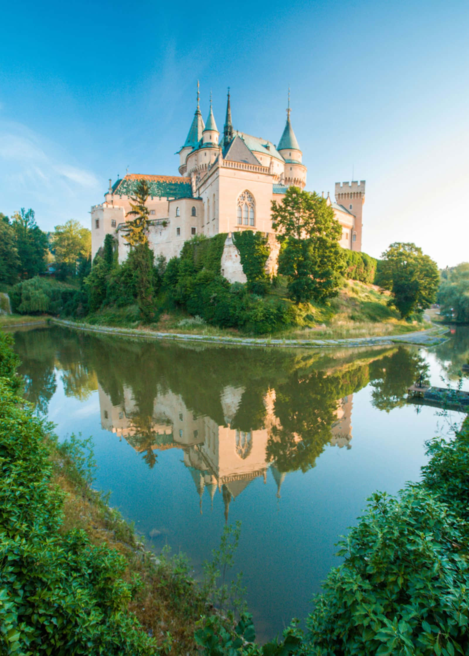 Bojnice Castle, green spires, calm waters, Full HD Phone Wallpaper