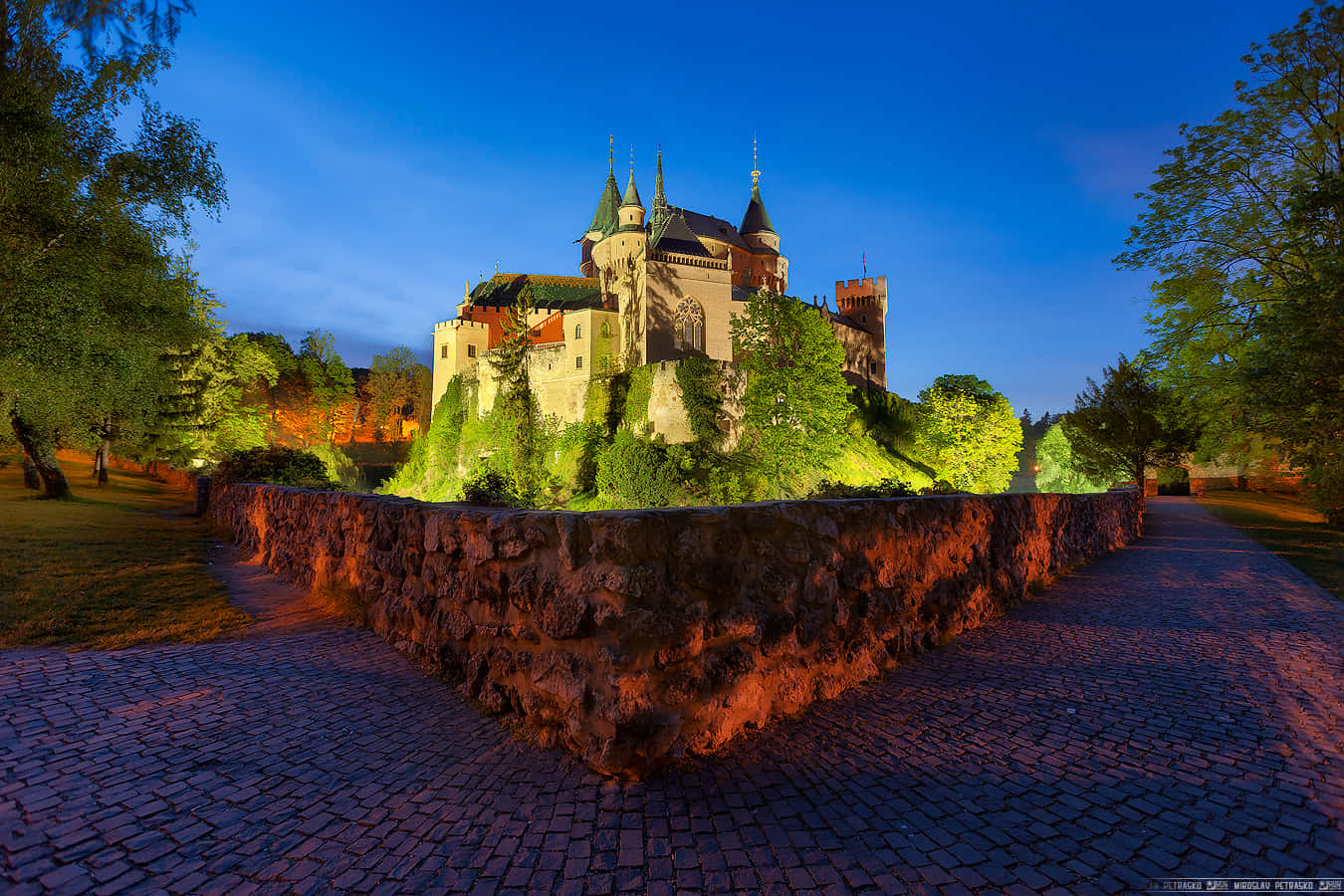 Bojnice Castle, twilight, stone towers, HD Desktop Wallpaper