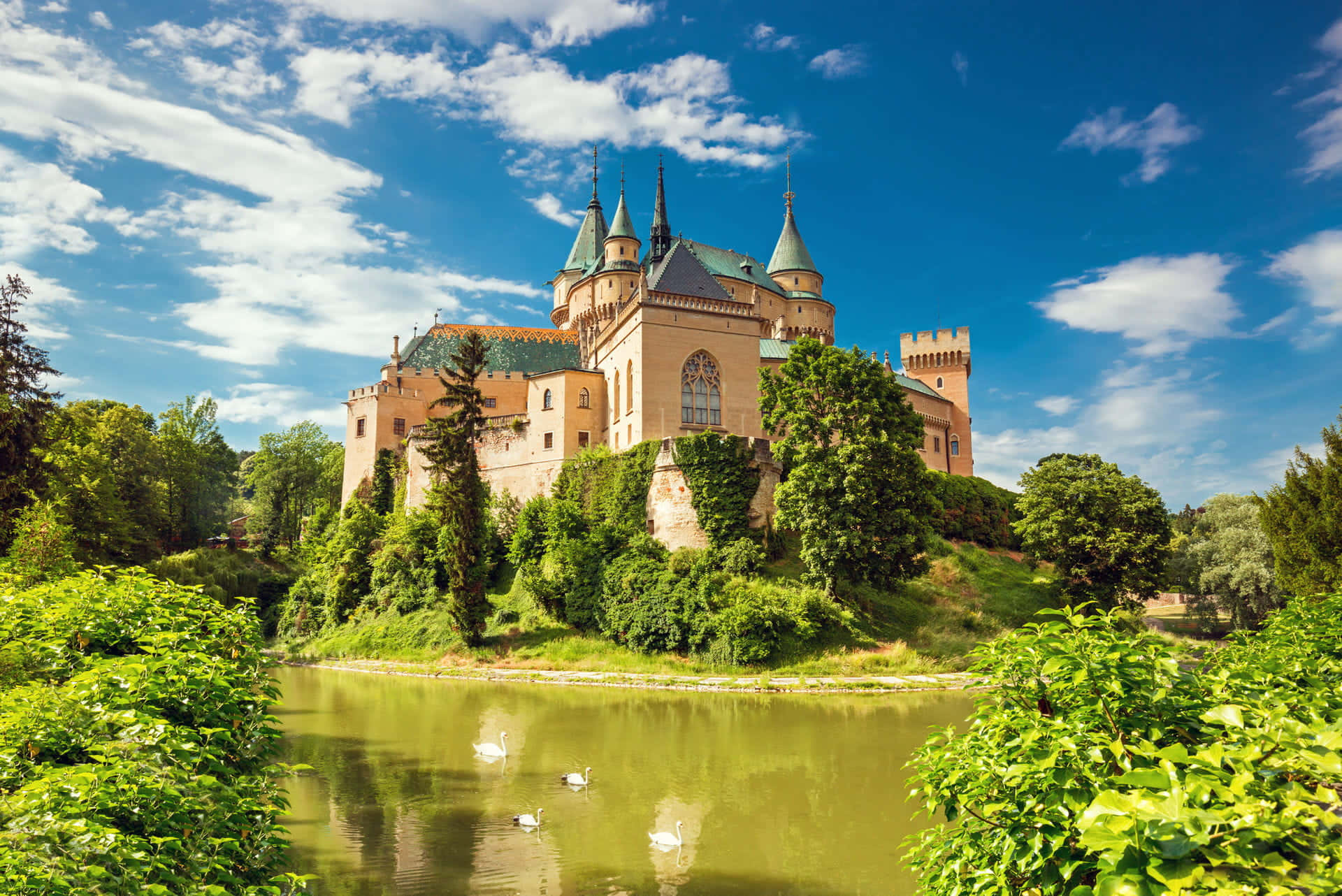 Bojnice Castle, stone castle, spires, Full HD Desktop Wallpaper