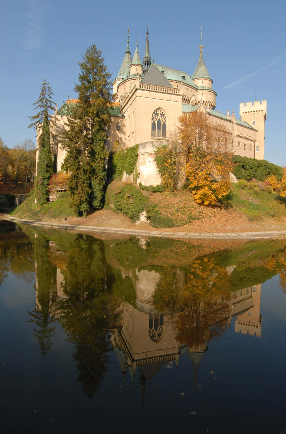 Bojnice Castle, green spires, stone walls, HD Phone Wallpaper