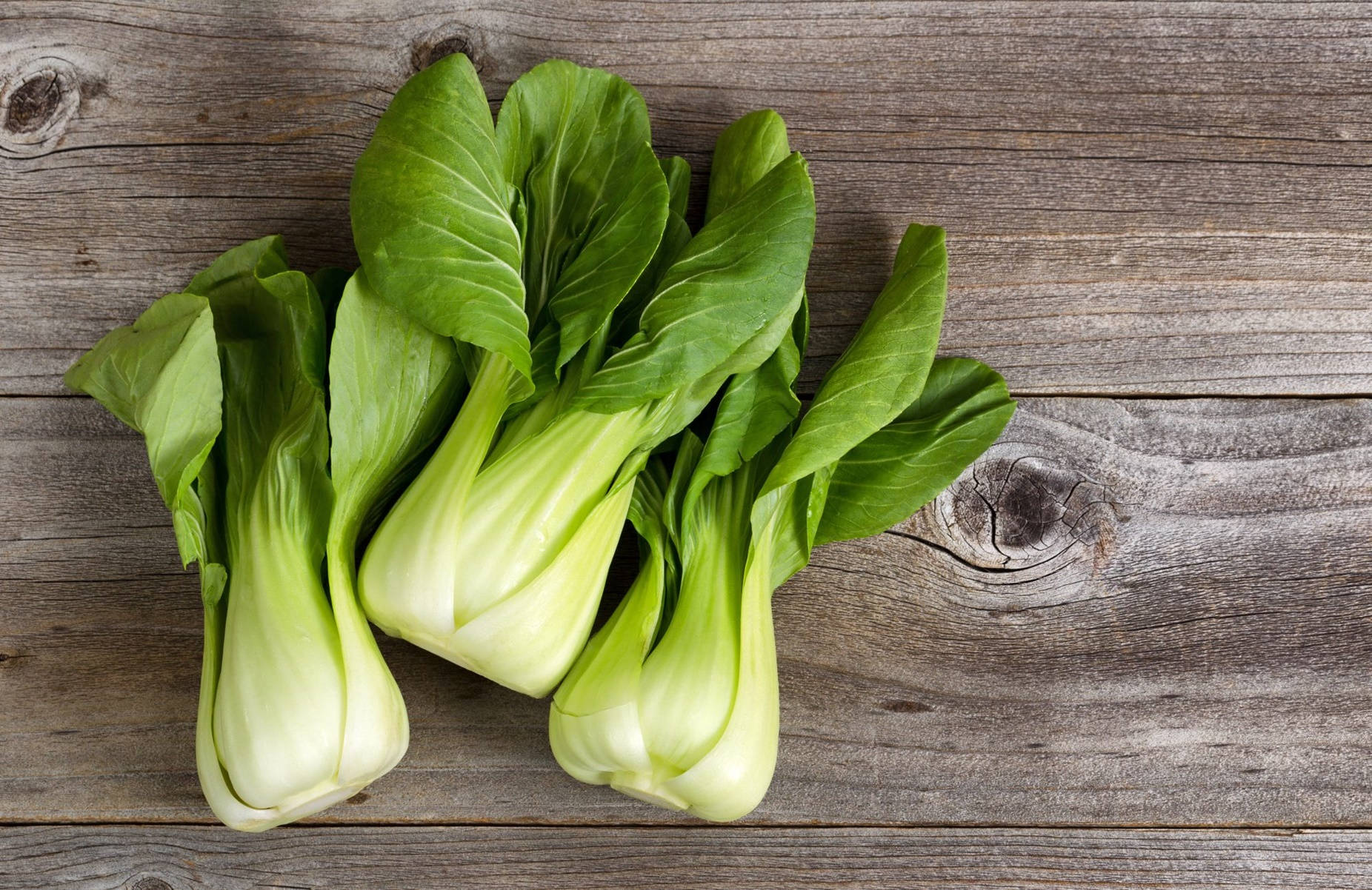 bok choy, vibrant green leaves, weathered gray wooden surface, HD Desktop Wallpaper