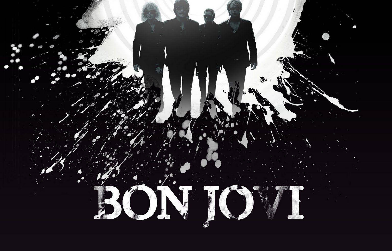 Bon Jovi, black and white splatter background, silhouetted band members, HD Desktop Wallpaper