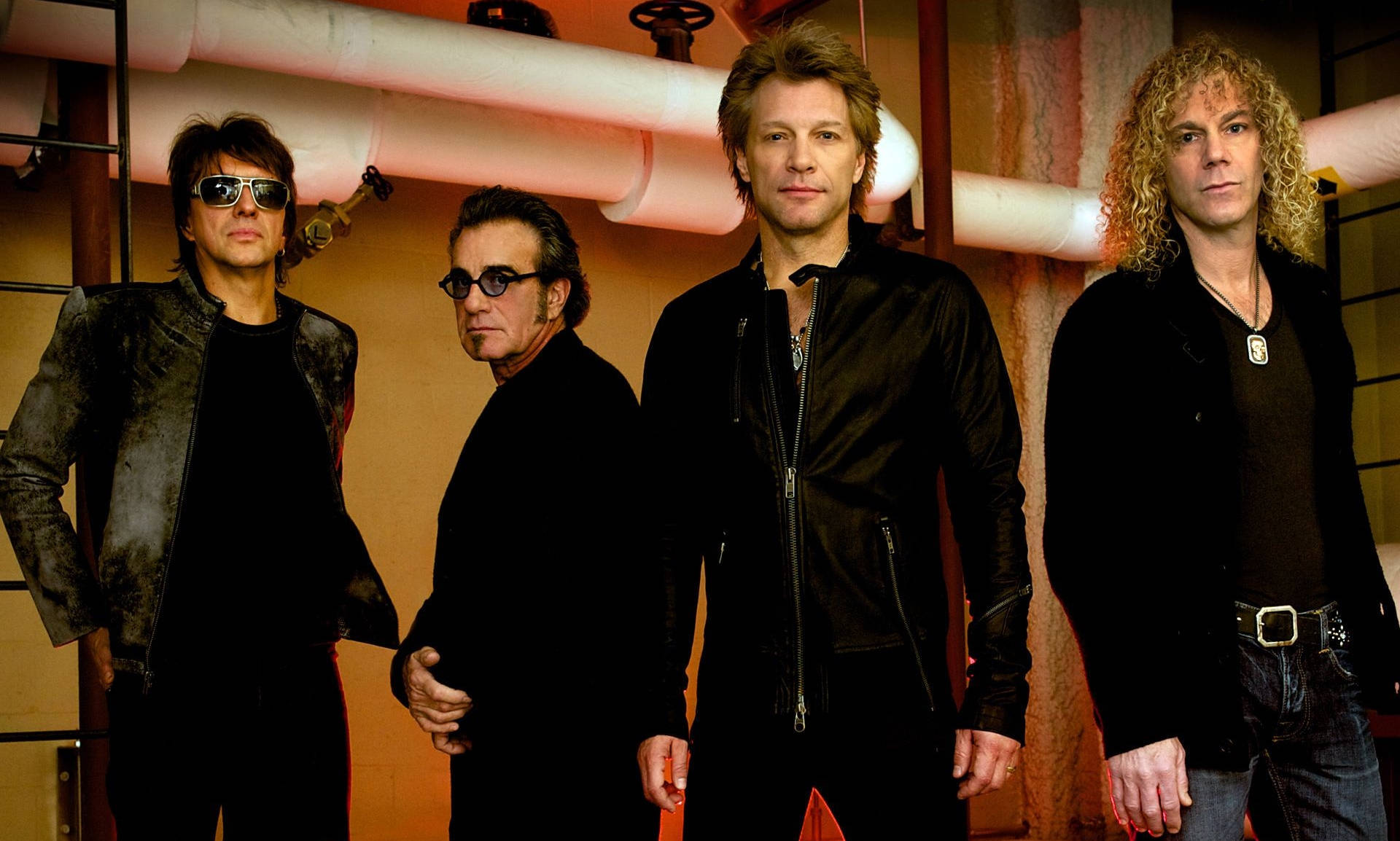 Bon Jovi, black leather jackets, industrial backdrop, Full HD Desktop Wallpaper