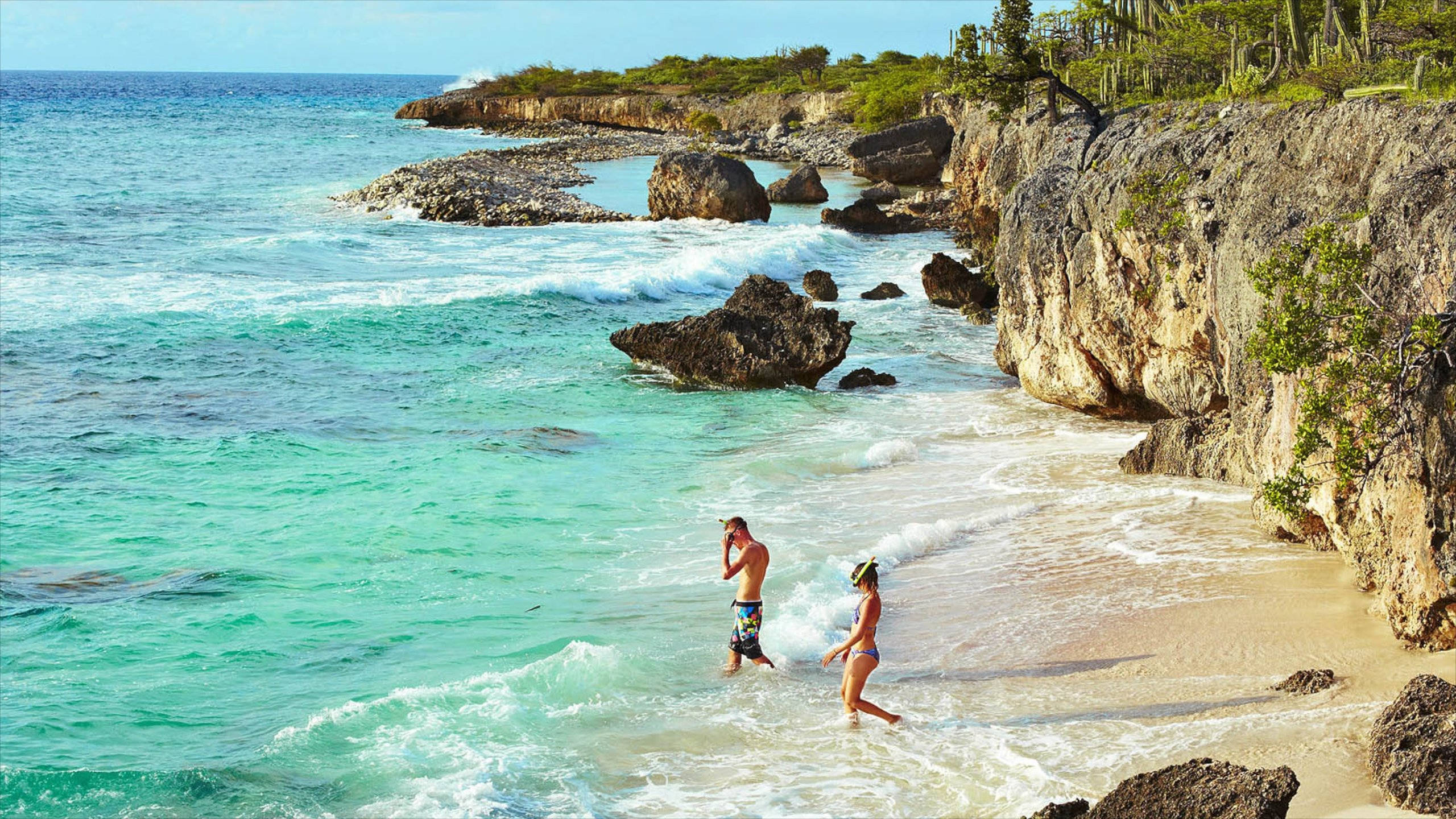 Bonaire, turquoise ocean waves, rocky tropical beach, 2K Desktop Wallpaper