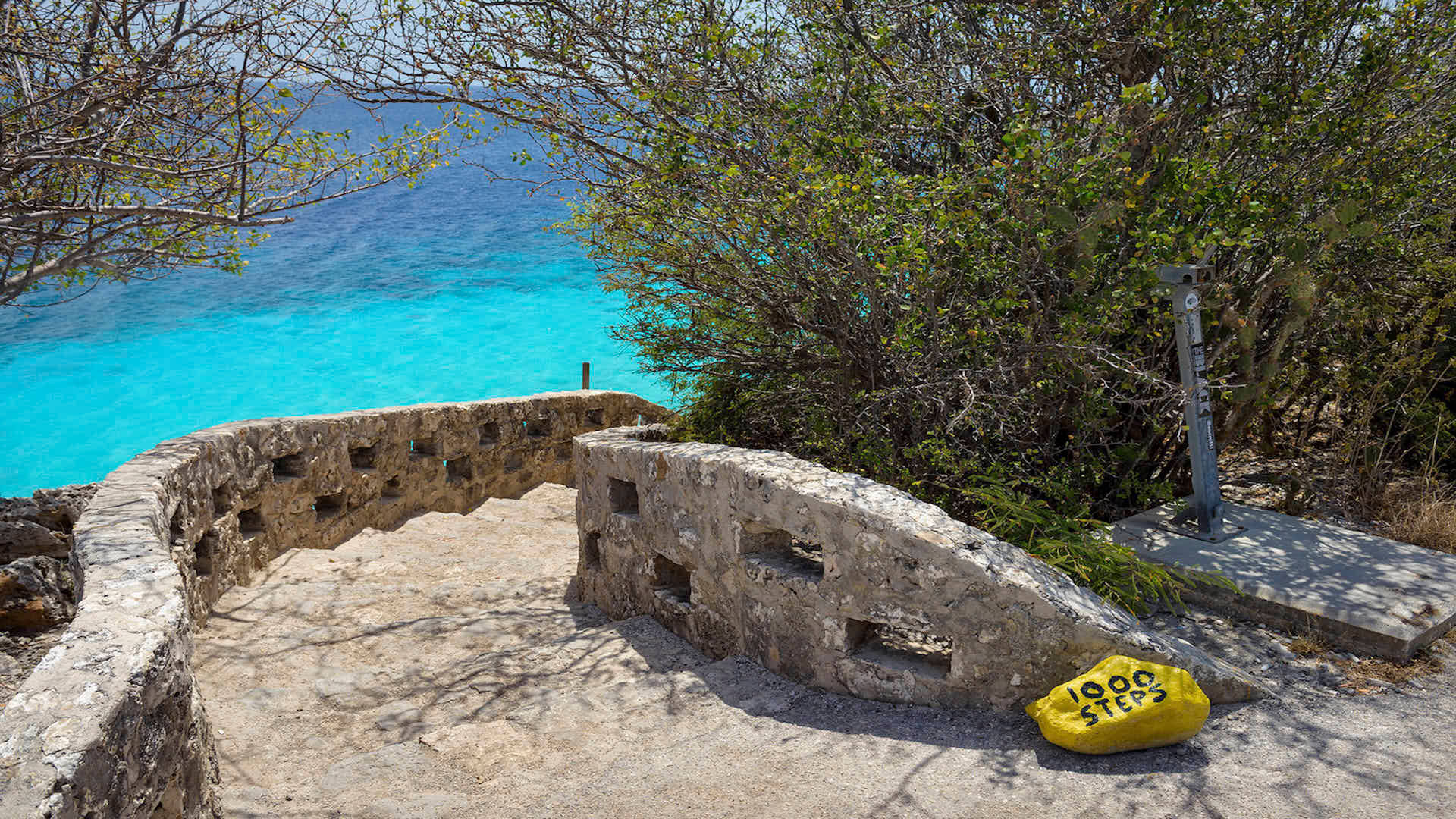 Bonaire, stone staircase, turquoise ocean water, Full HD Desktop Wallpaper