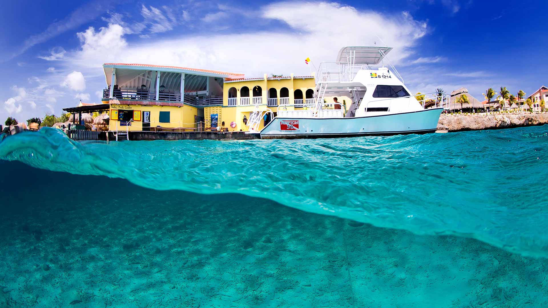 Bonaire, yellow seaside restaurant, white boat, Full HD Desktop Wallpaper