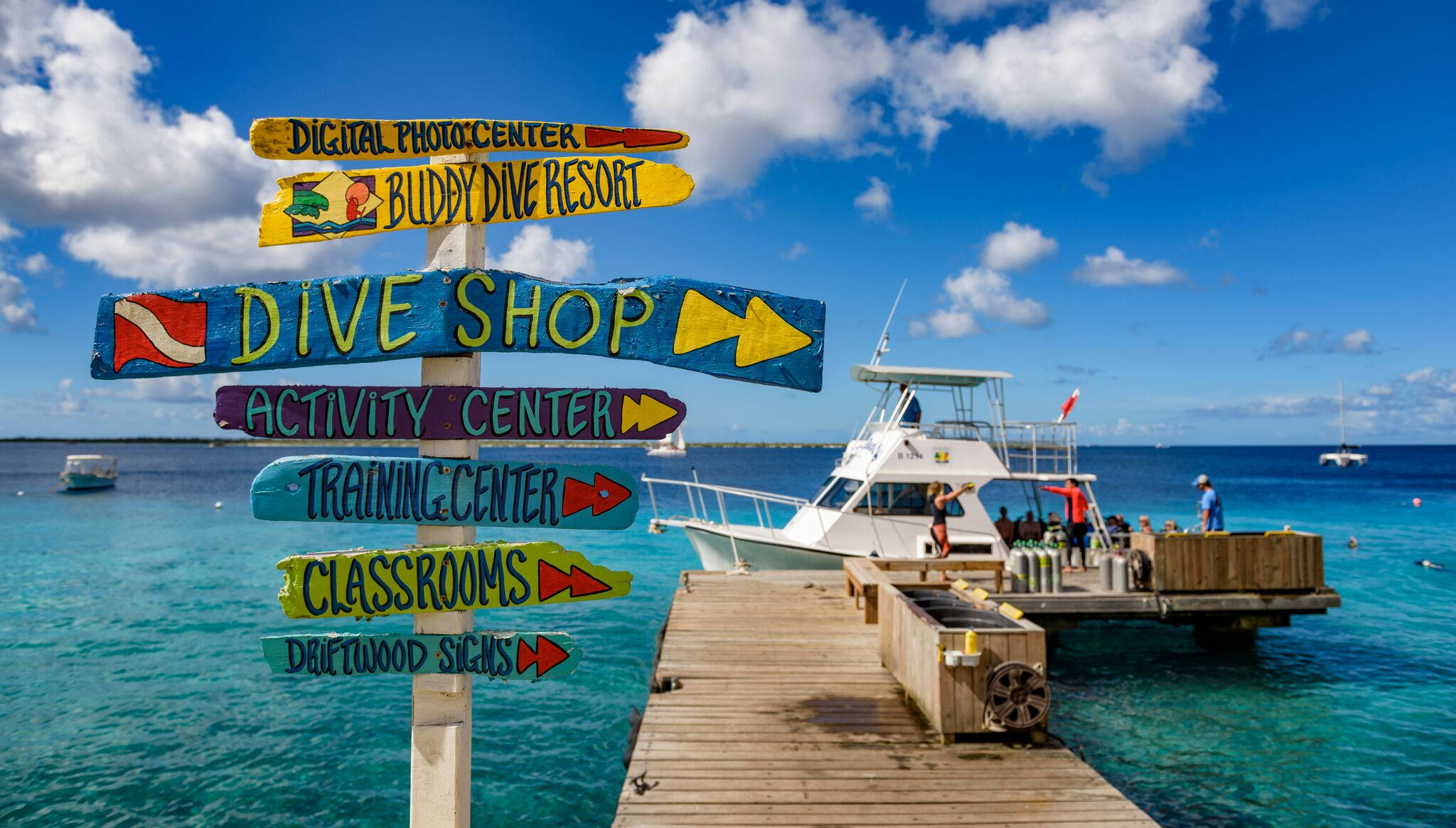 Bonaire, dive shop, wooden pier, Full HD Desktop Wallpaper