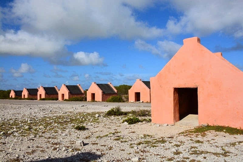 red slave huts, Bonaire, coral-pink gabled buildings, SD Desktop Wallpaper