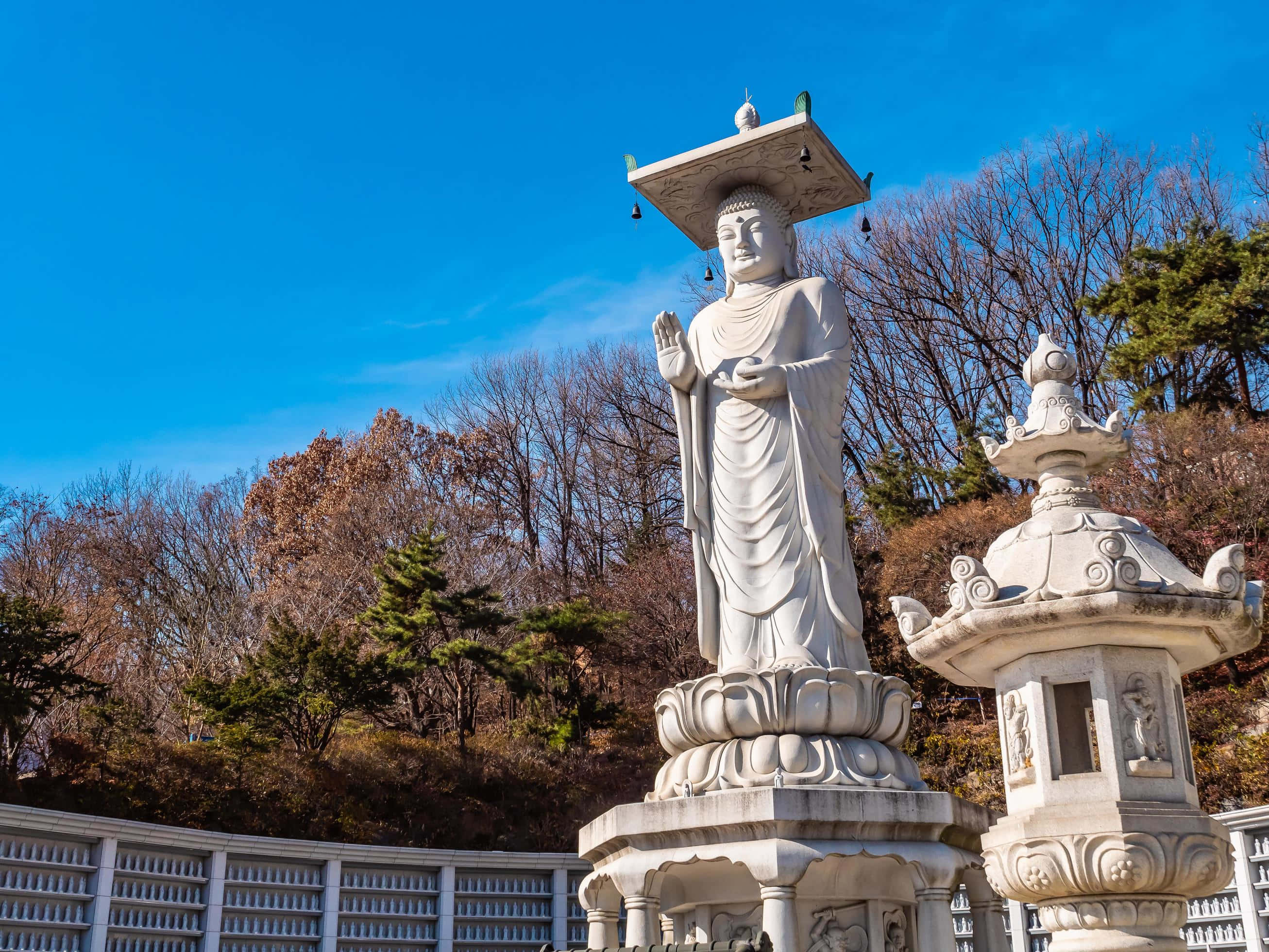 Bongeunsa Temple, white Buddha statue, clear blue sky, 2K Desktop Wallpaper