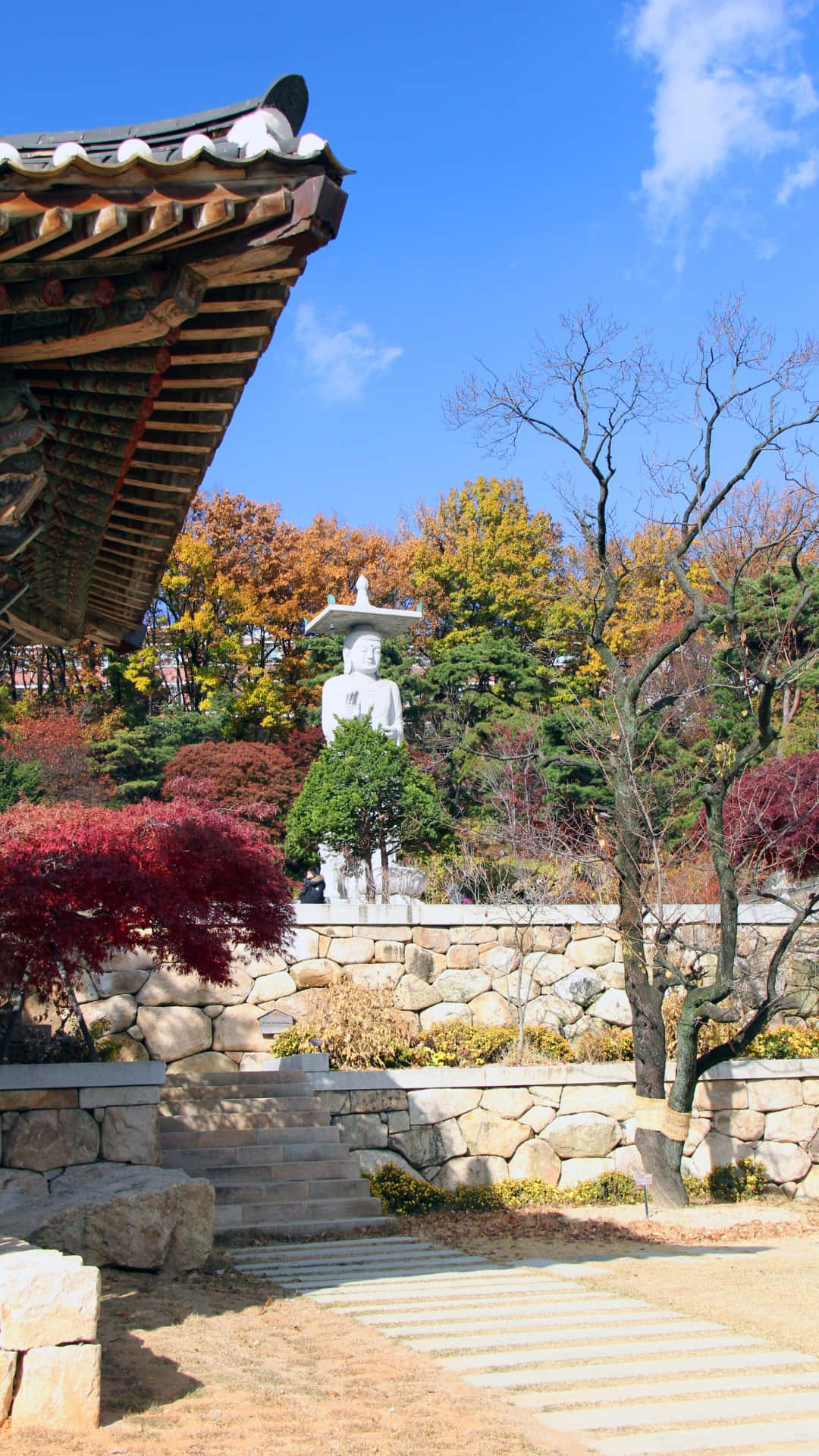 Bongeunsa Temple, autumn foliage, stone Buddha statue, Full HD Phone Wallpaper