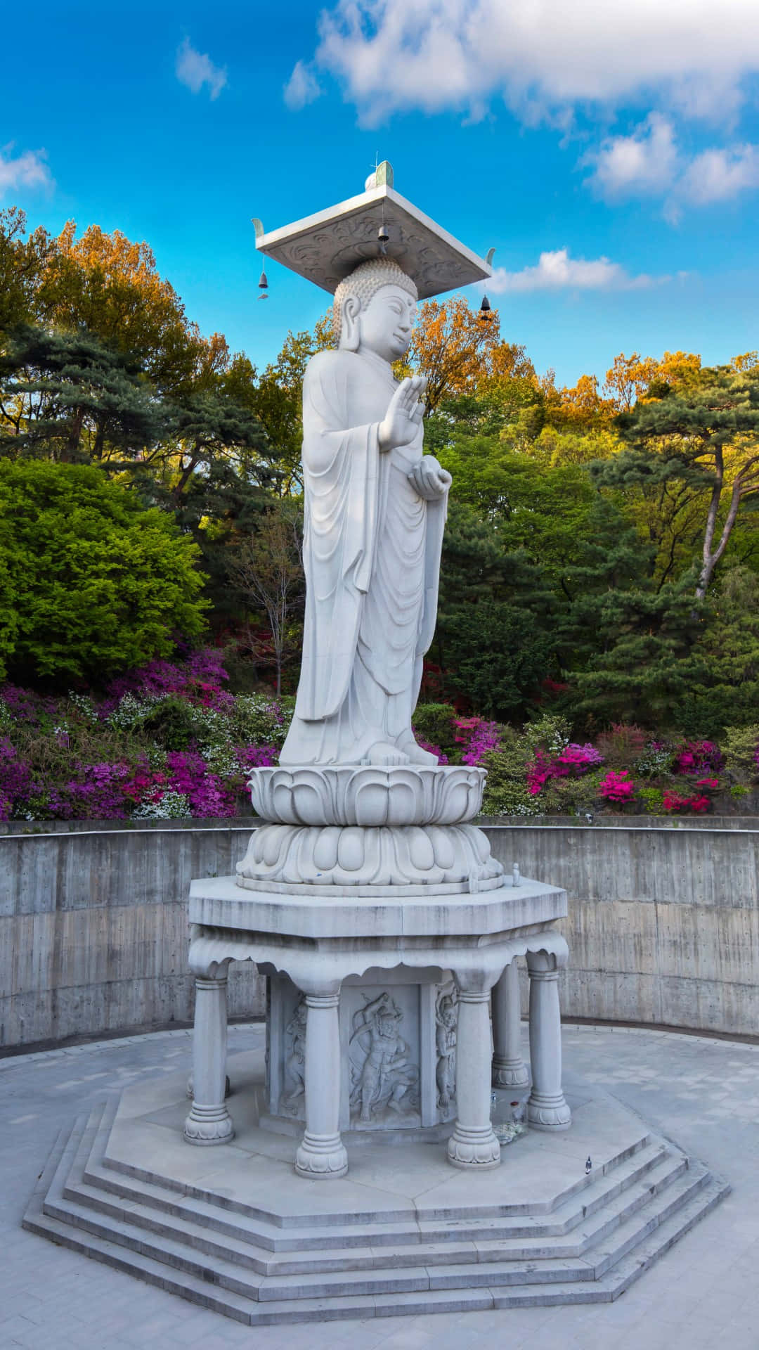 Bongeunsa Temple, white Buddha statue, stone pedestal, Full HD Phone Wallpaper
