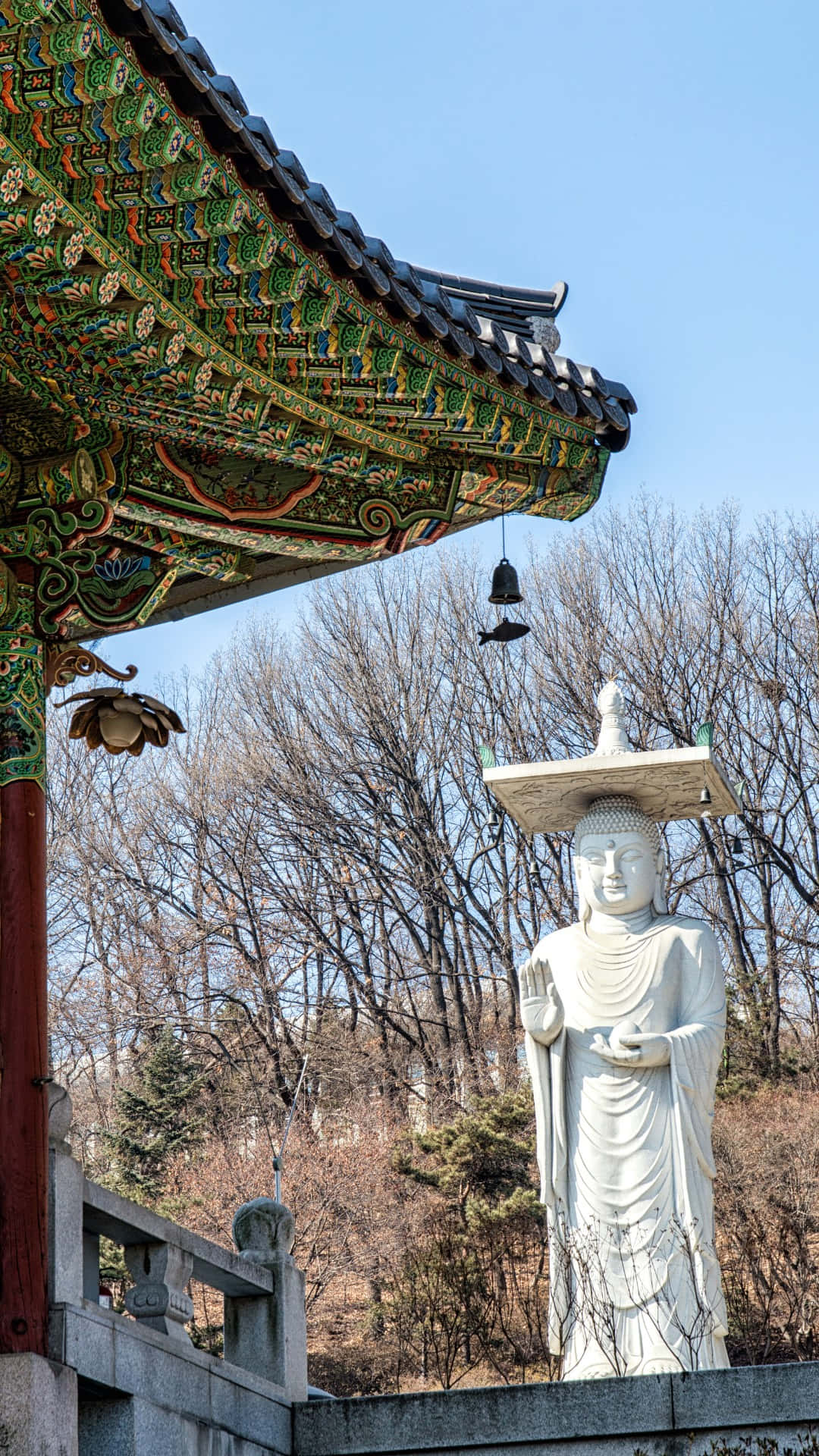 Bongeunsa Temple, white Buddha statue, vibrant traditional Korean temple roof, Full HD Phone Wallpaper