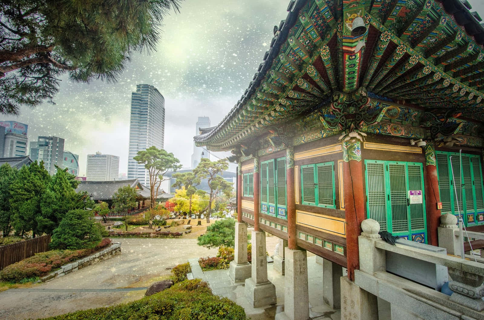 Bongeunsa Temple, traditional Korean temple pavilion, colorful roof, HD Desktop Wallpaper