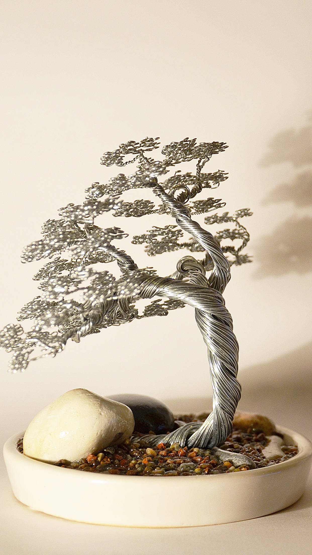 bonsai tree, slanting style, silver wire, Full HD Phone Wallpaper