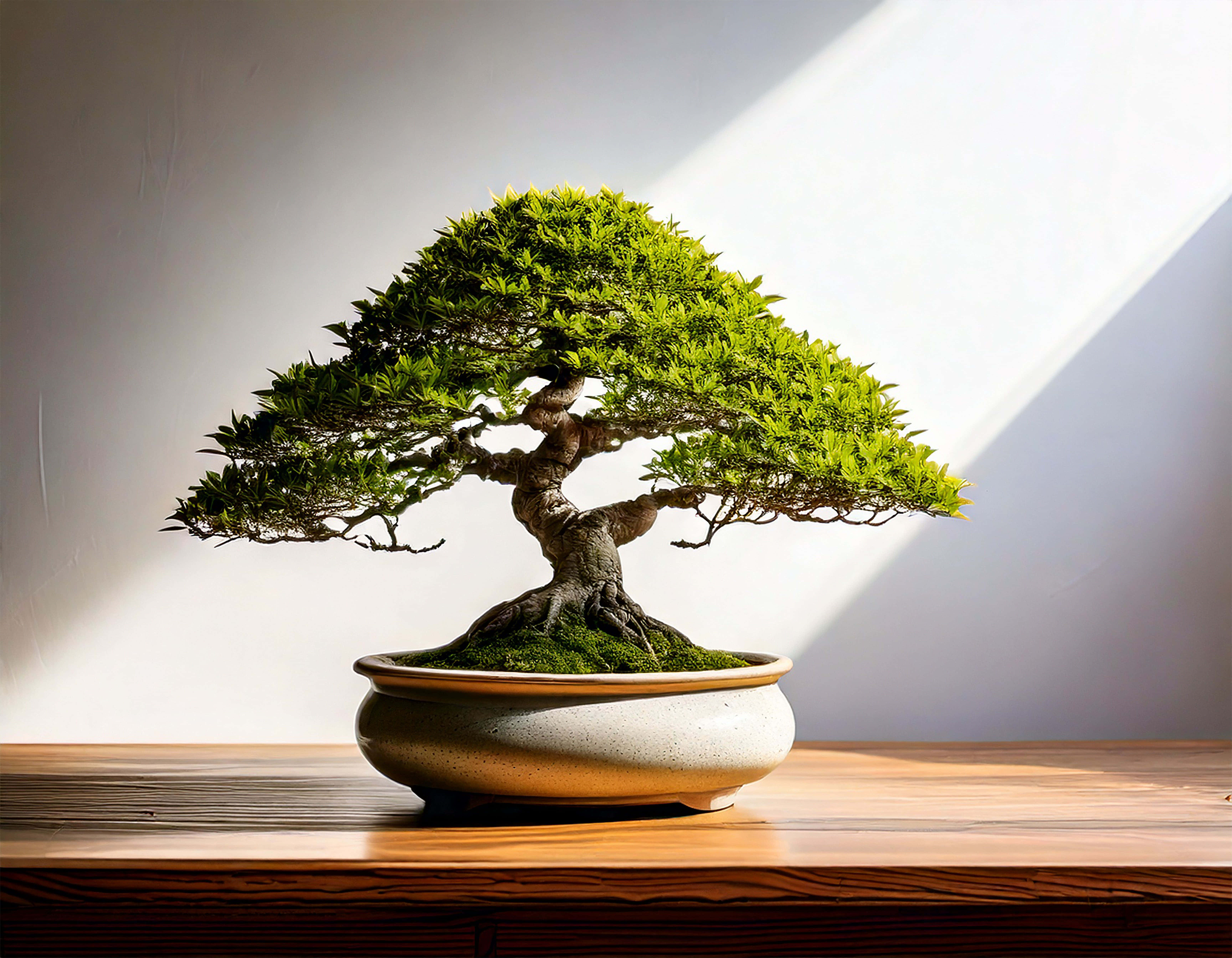 bonsai tree, vibrant green foliage, speckled ceramic pot, 5K Desktop Wallpaper