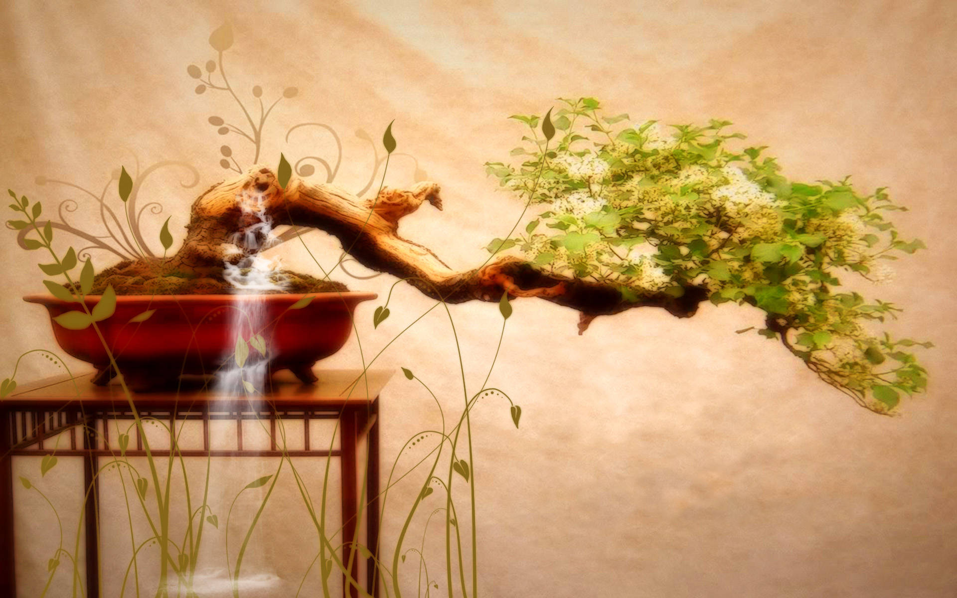 bonsai tree, full cascade style, red pot, Full HD Desktop Wallpaper