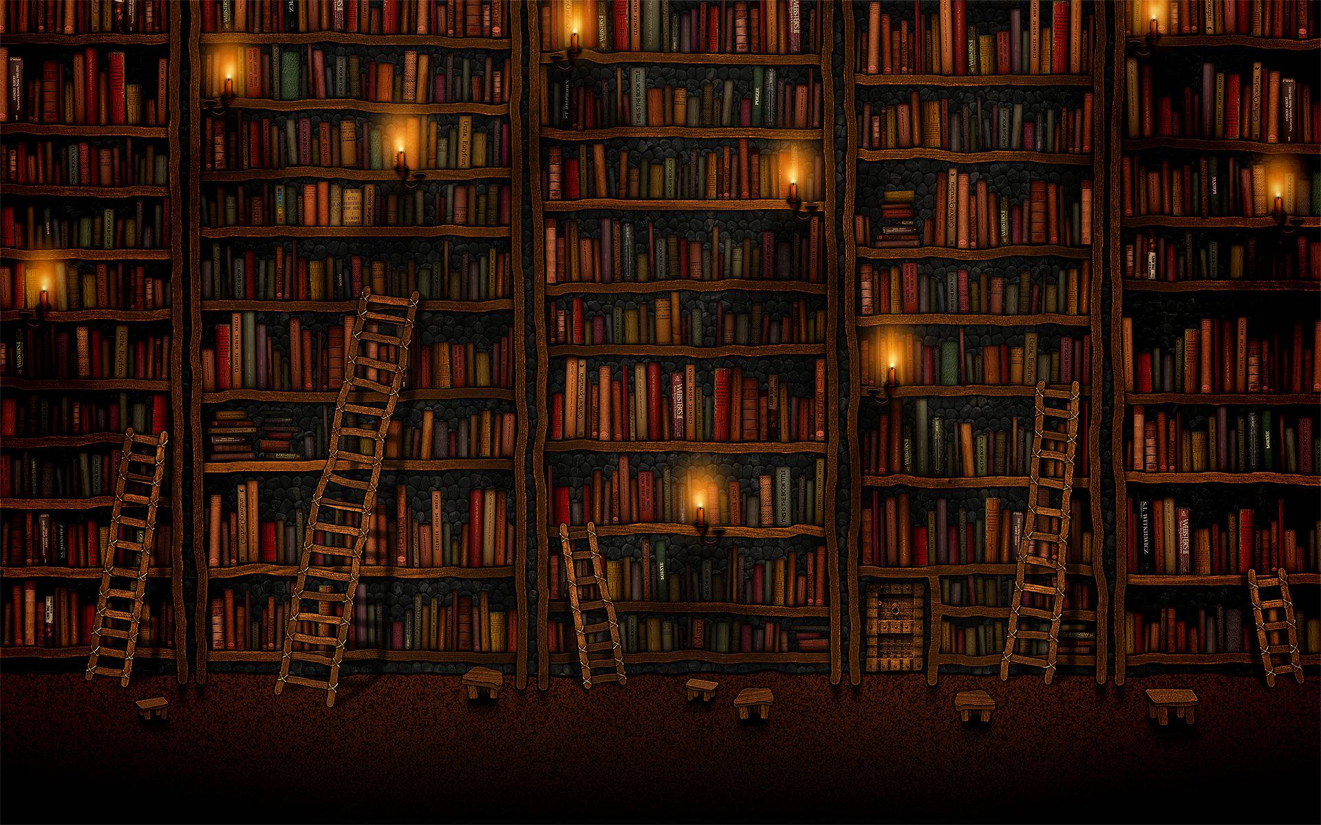 wooden bookshelves, candlelight, ladders, Full HD Desktop Wallpaper