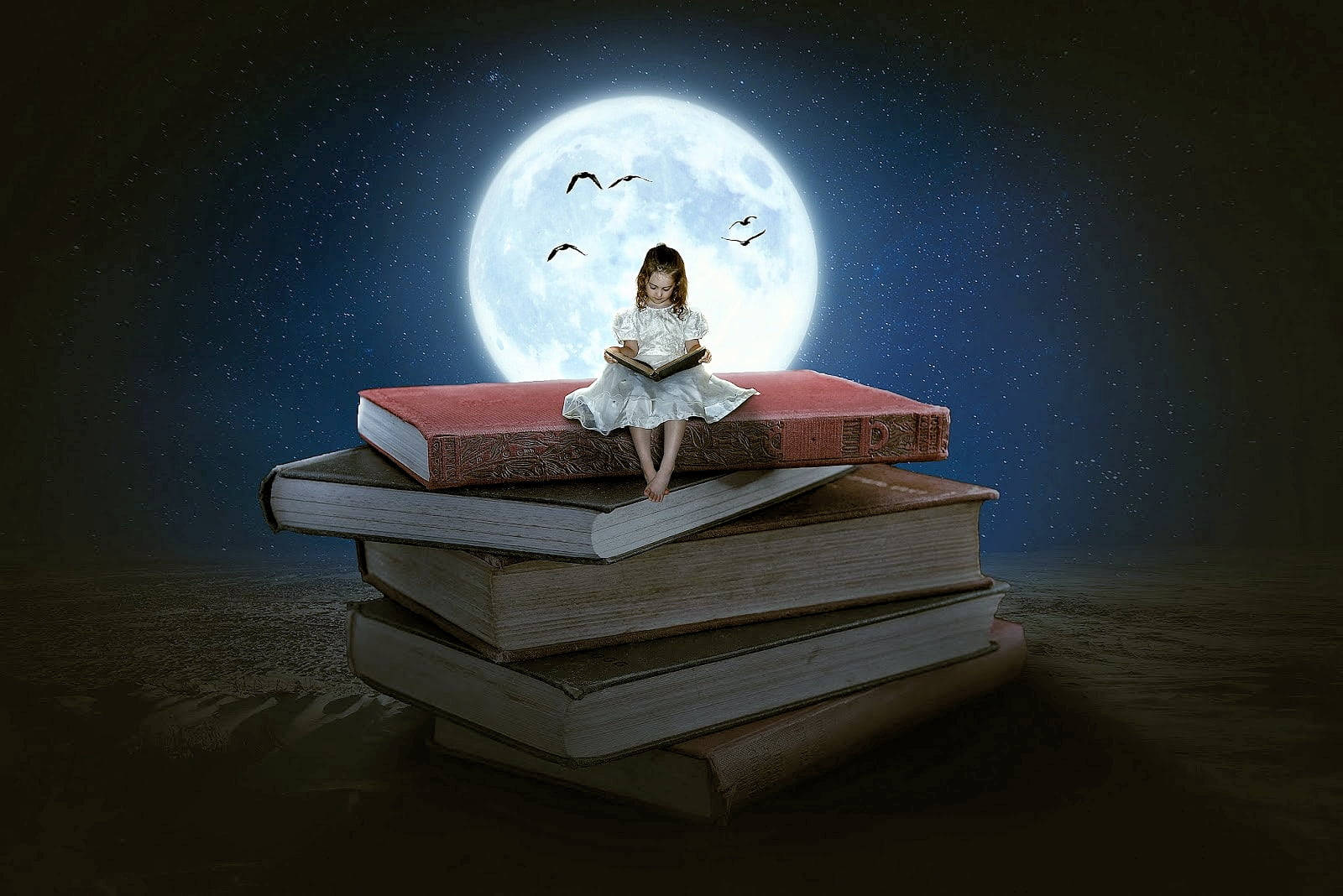 girl, white dress, stack of books, HD Desktop Wallpaper