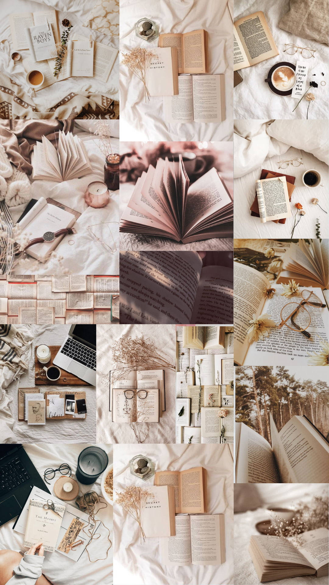 cozy collage, open books, dried flowers, Full HD Phone Wallpaper