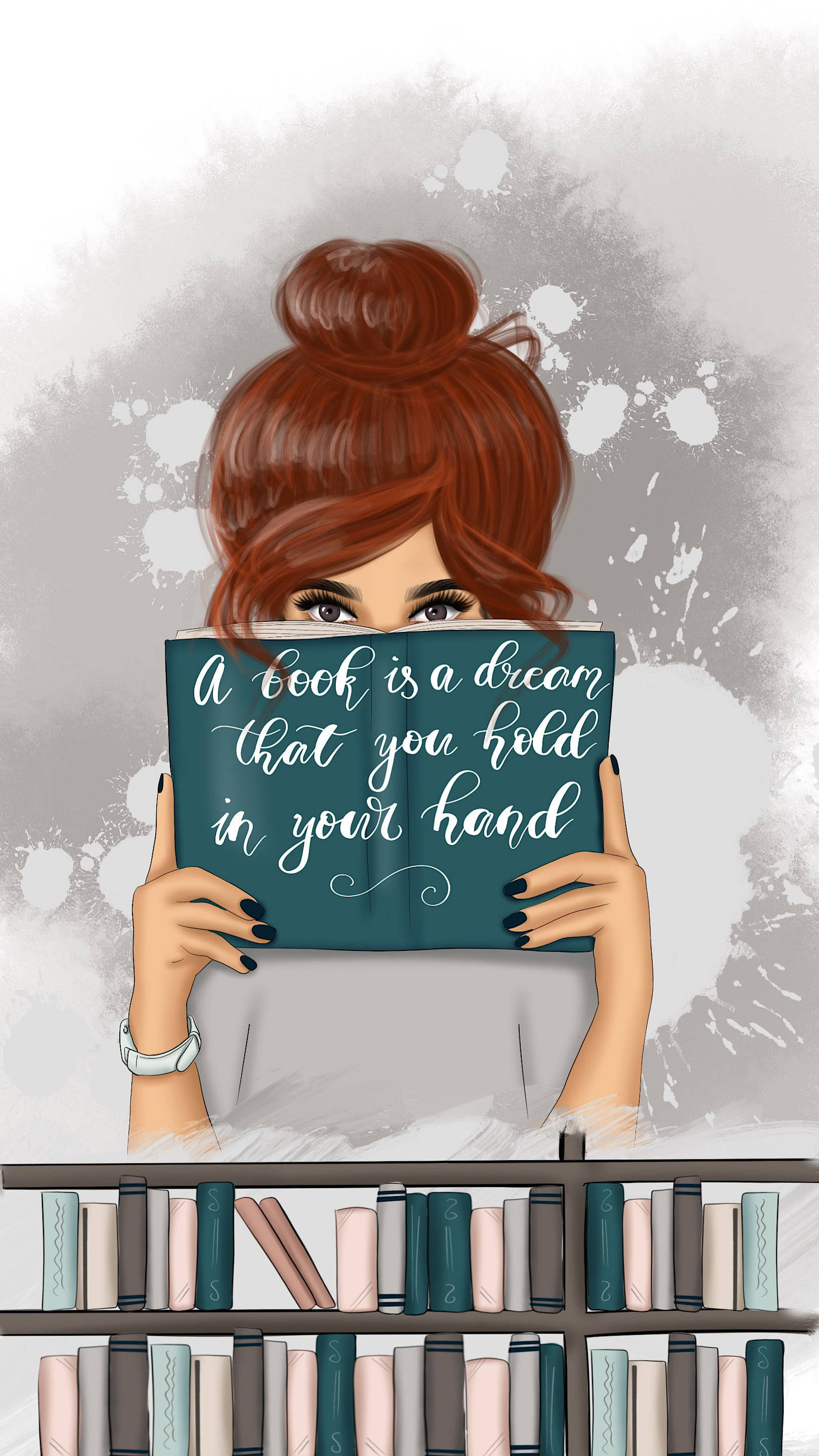 red hair, bun, bookshelf, 2K Phone Wallpaper