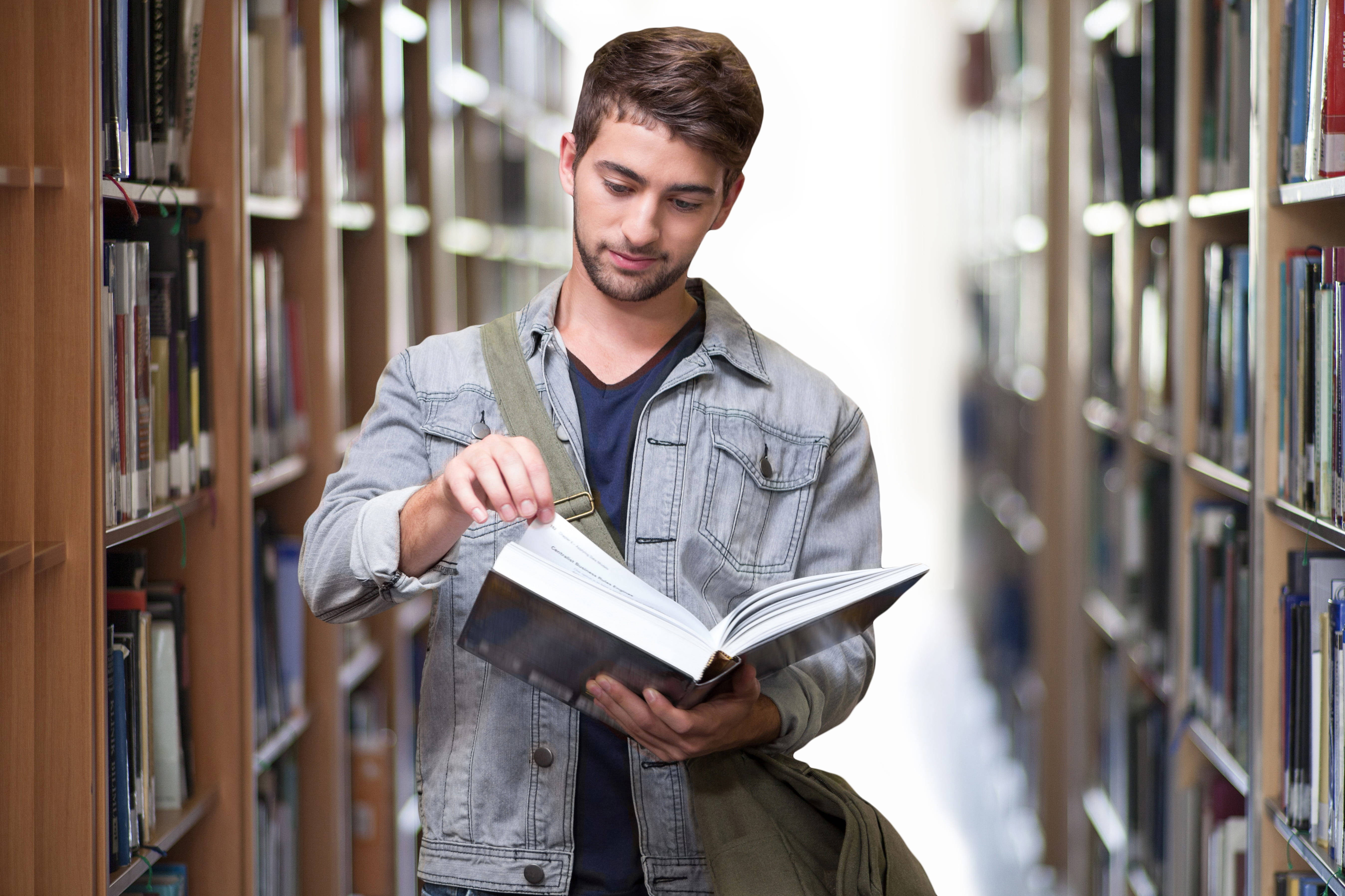 denim jacket, wooden library shelves, reference book, 5K Desktop Wallpaper