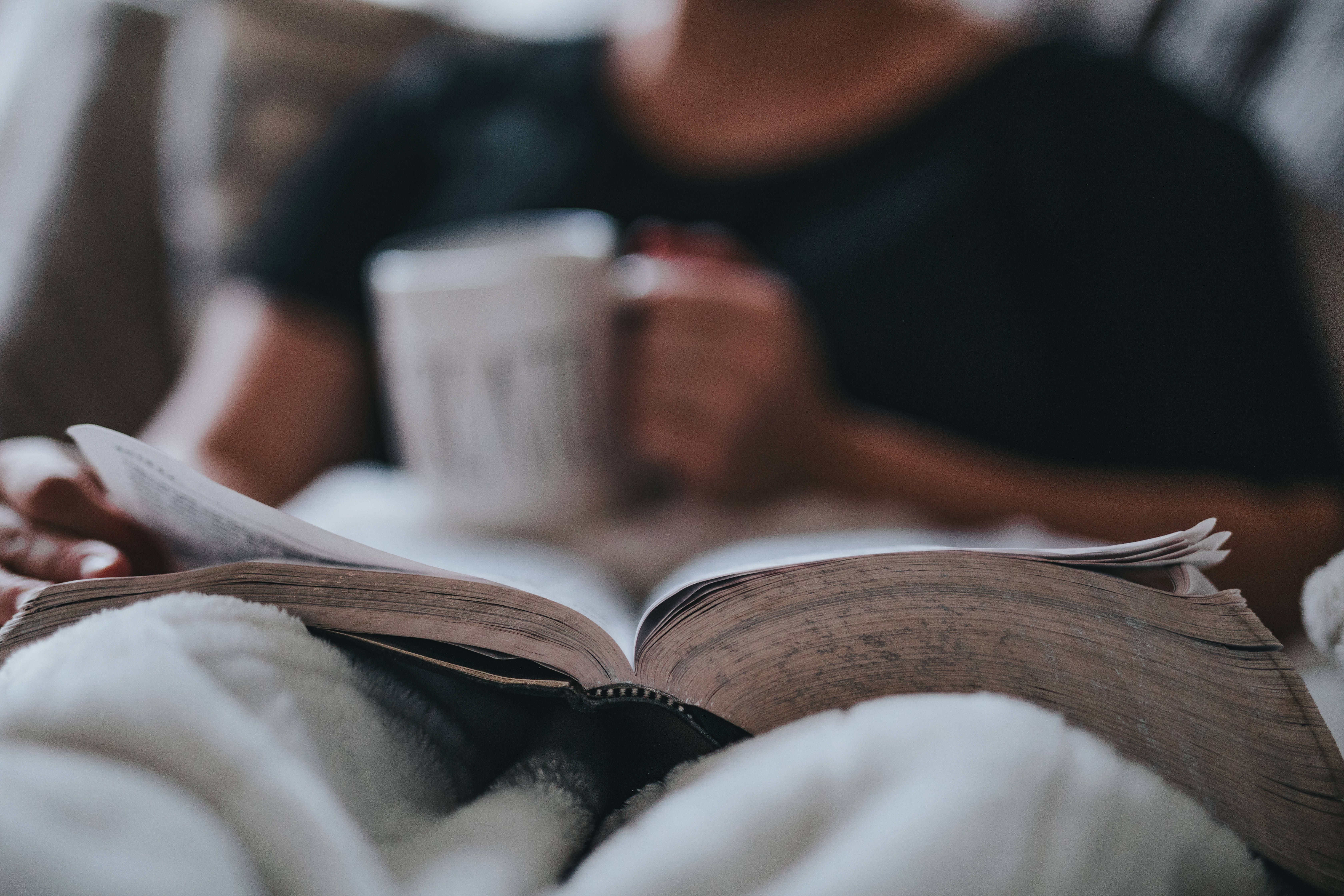 cozy book aesthetic, fluffy white blanket, mug, 5K Desktop Wallpaper