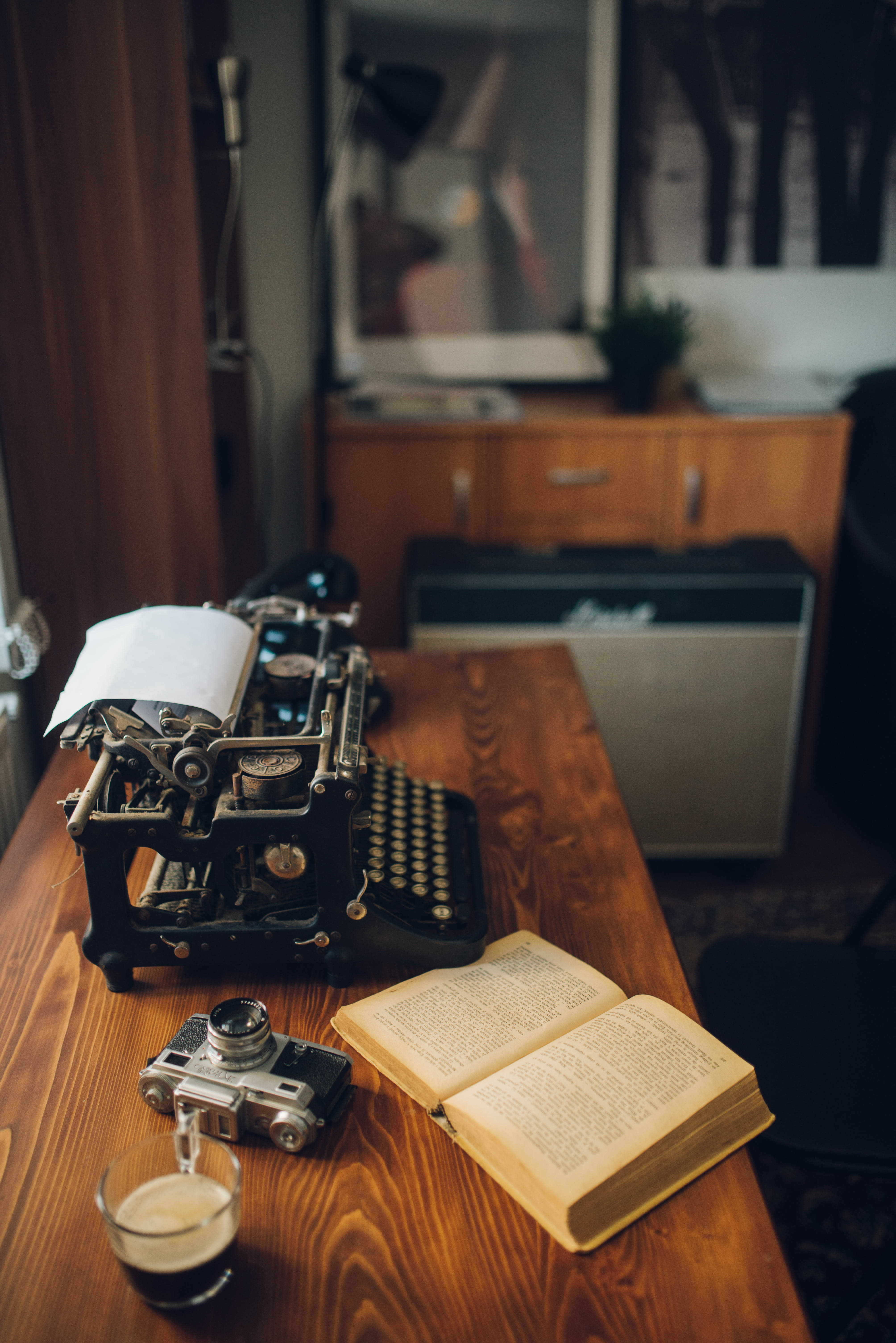 vintage typewriter, wooden desk, open book, 5K Phone Wallpaper