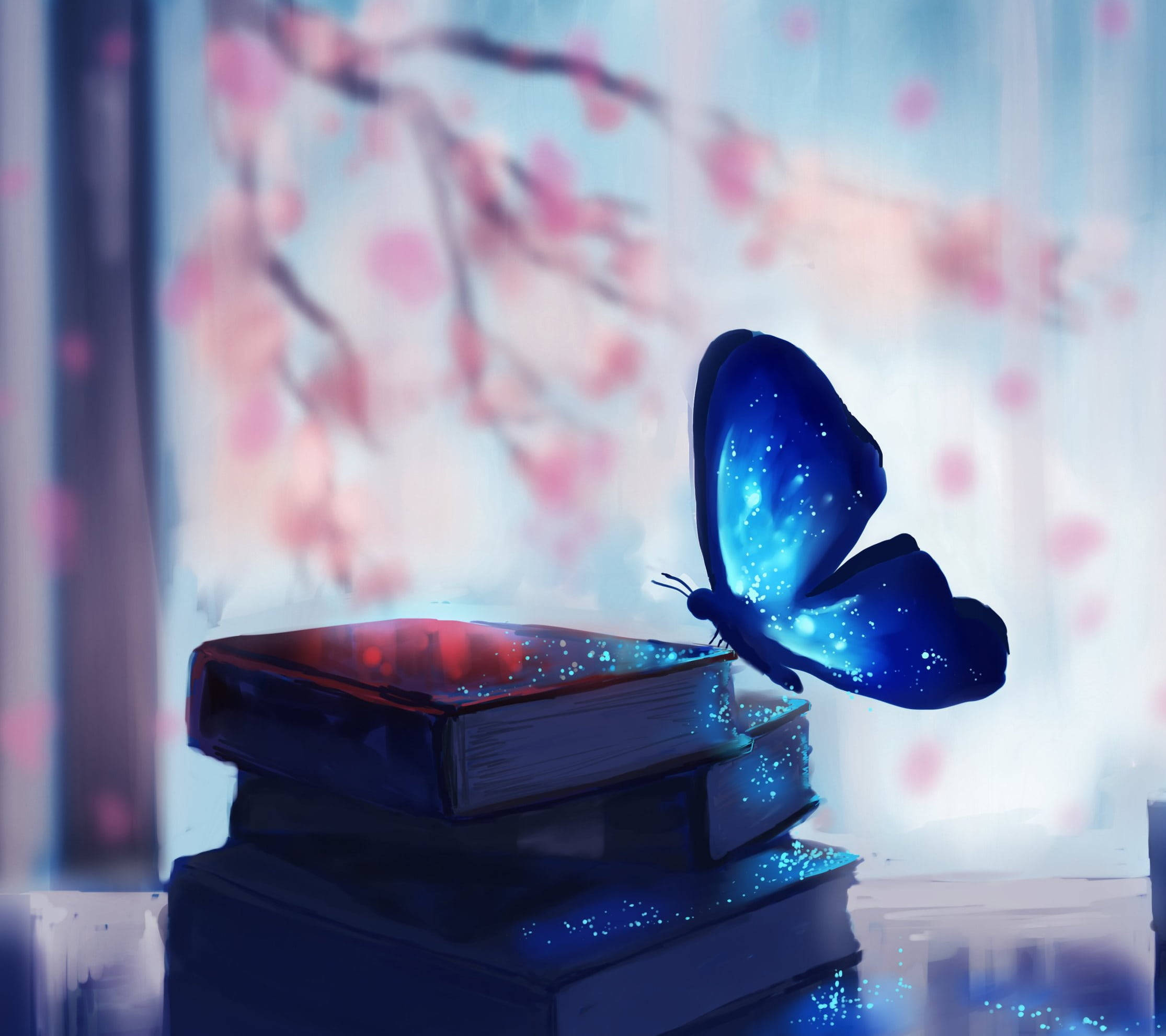 glowing blue butterfly, starry wings, stack of books, Full HD Desktop Wallpaper