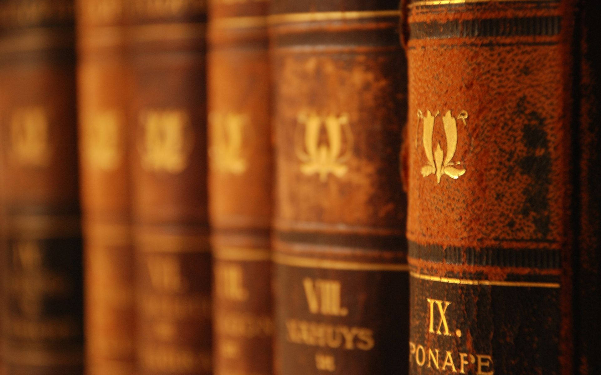 vintage leather-bound books, gold embossed Roman numerals, faded titles, Full HD Desktop Wallpaper