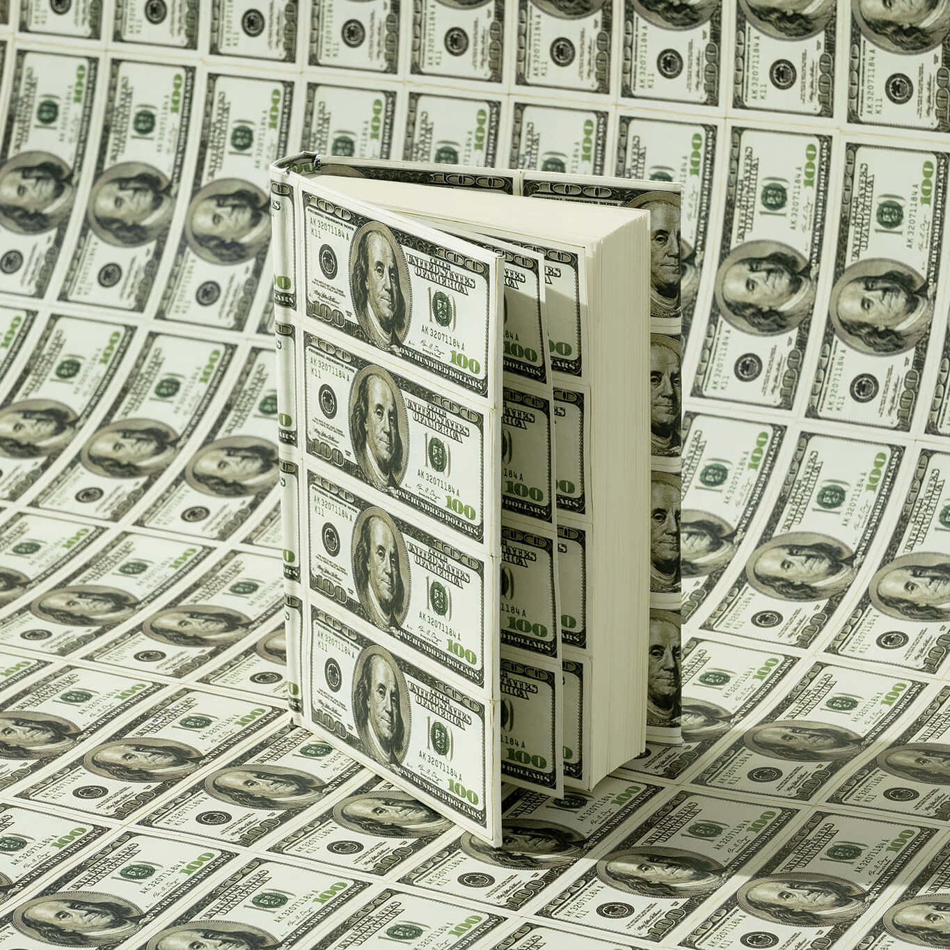 hundred-dollar bills, book bound in hundred-dollar bills, floor covered in identical bills, HD Desktop Wallpaper