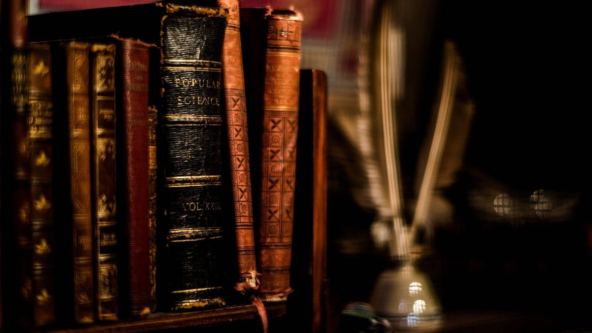 feathered quill, leather-bound book, glass inkwell, Full HD Desktop Wallpaper