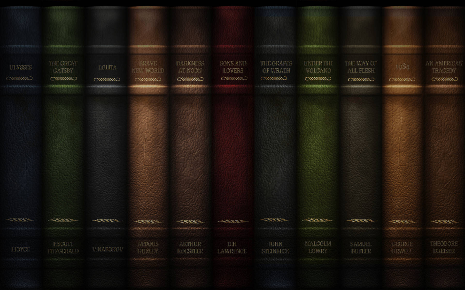 leather-bound books, gold embossed titles, authors, Full HD Desktop Wallpaper