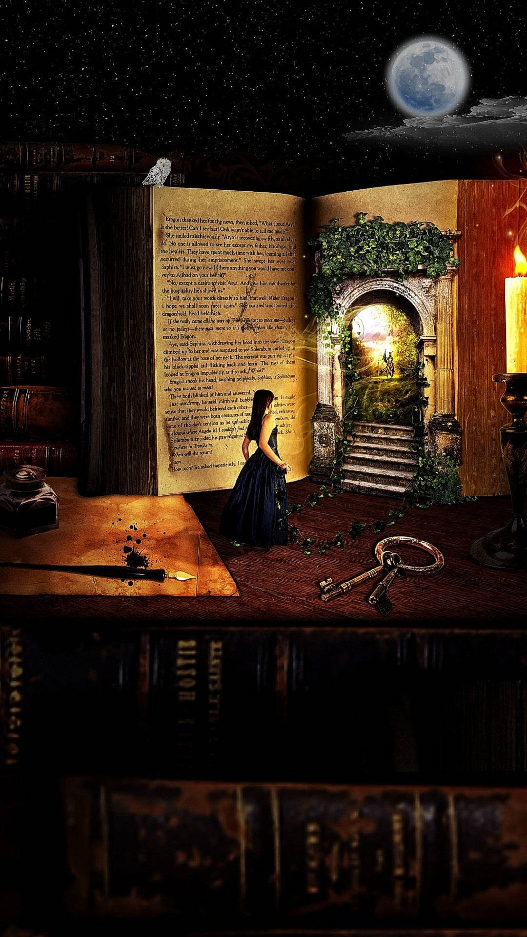 girl, dark dress, open book, Full HD Phone Wallpaper