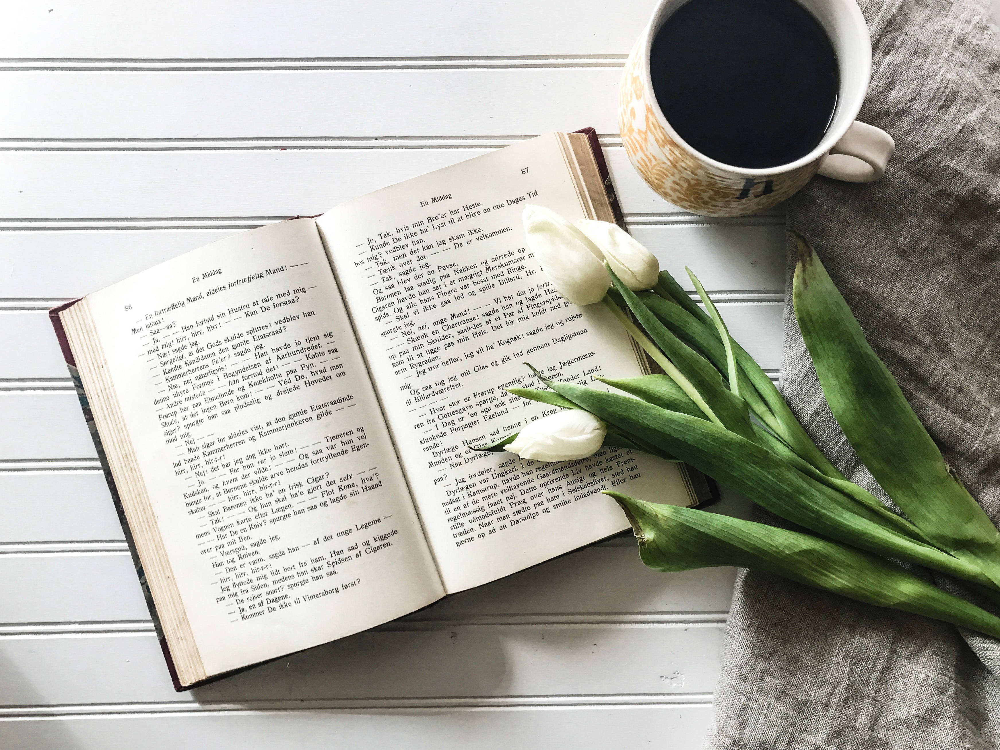 book, coffee table, white wooden surface, 2K Desktop Wallpaper