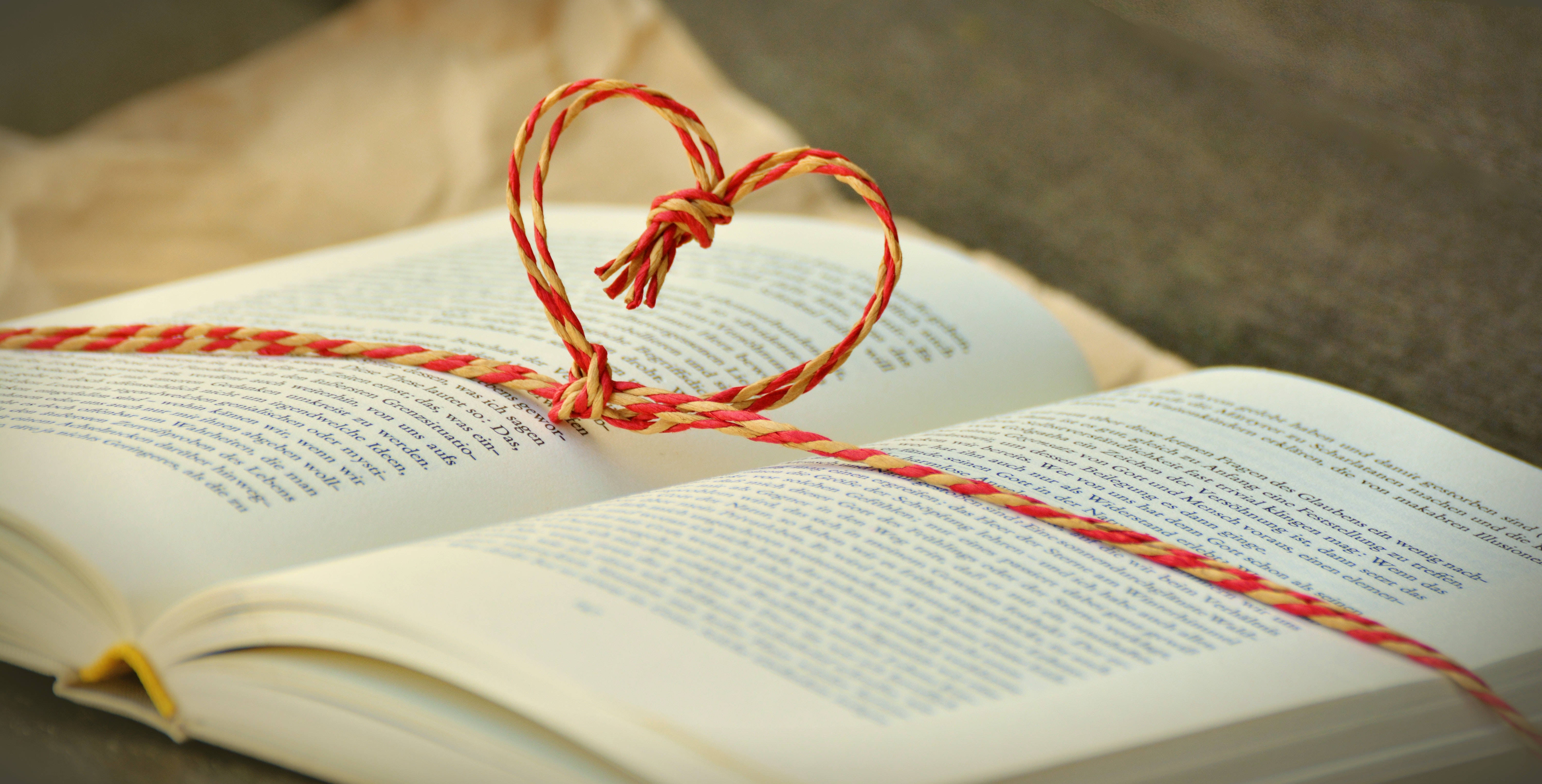 heart knot, red and yellow braided string, open book, 5K Desktop Wallpaper