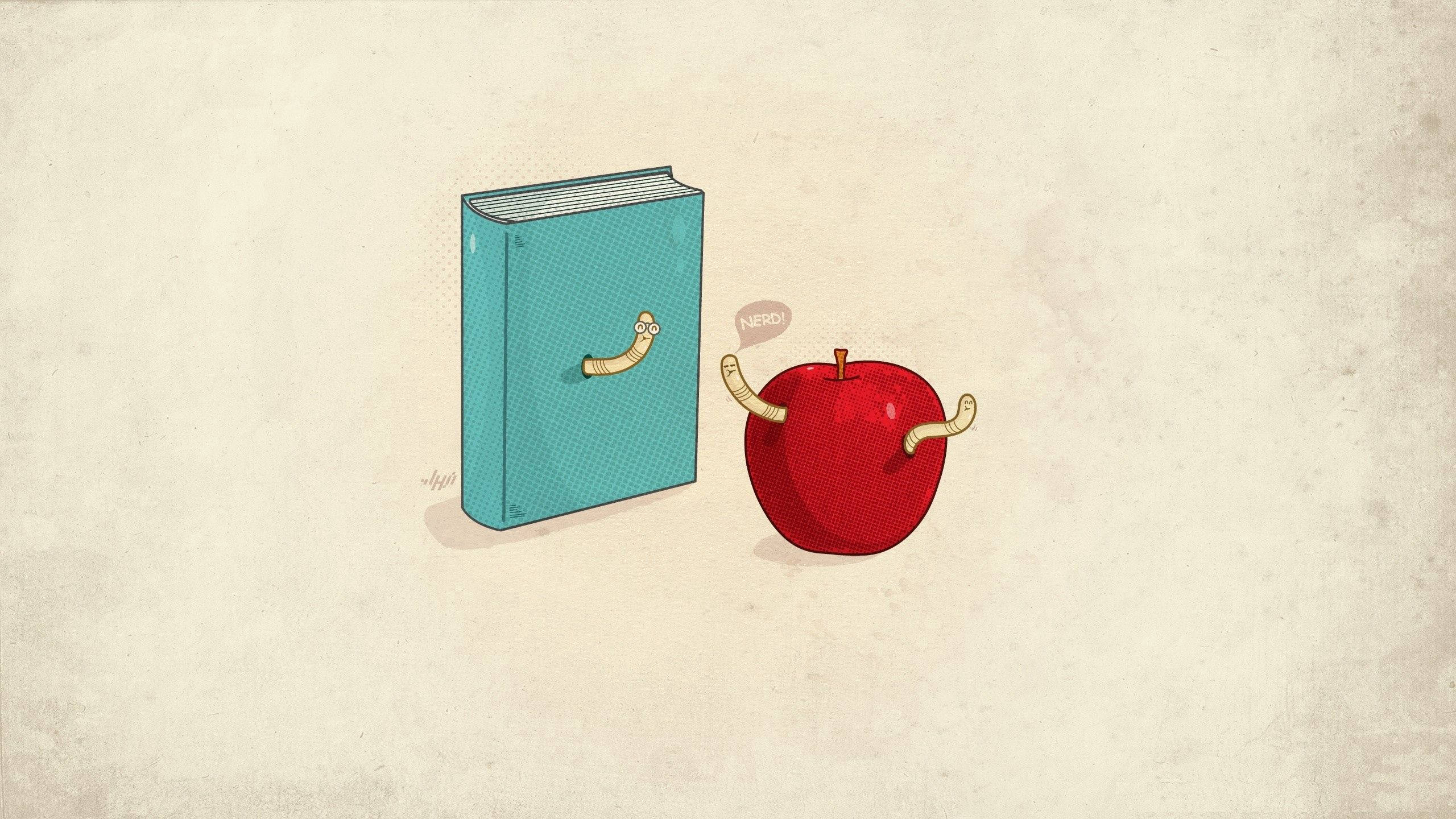 red apple, blue book, worm arms, 2K Desktop Wallpaper