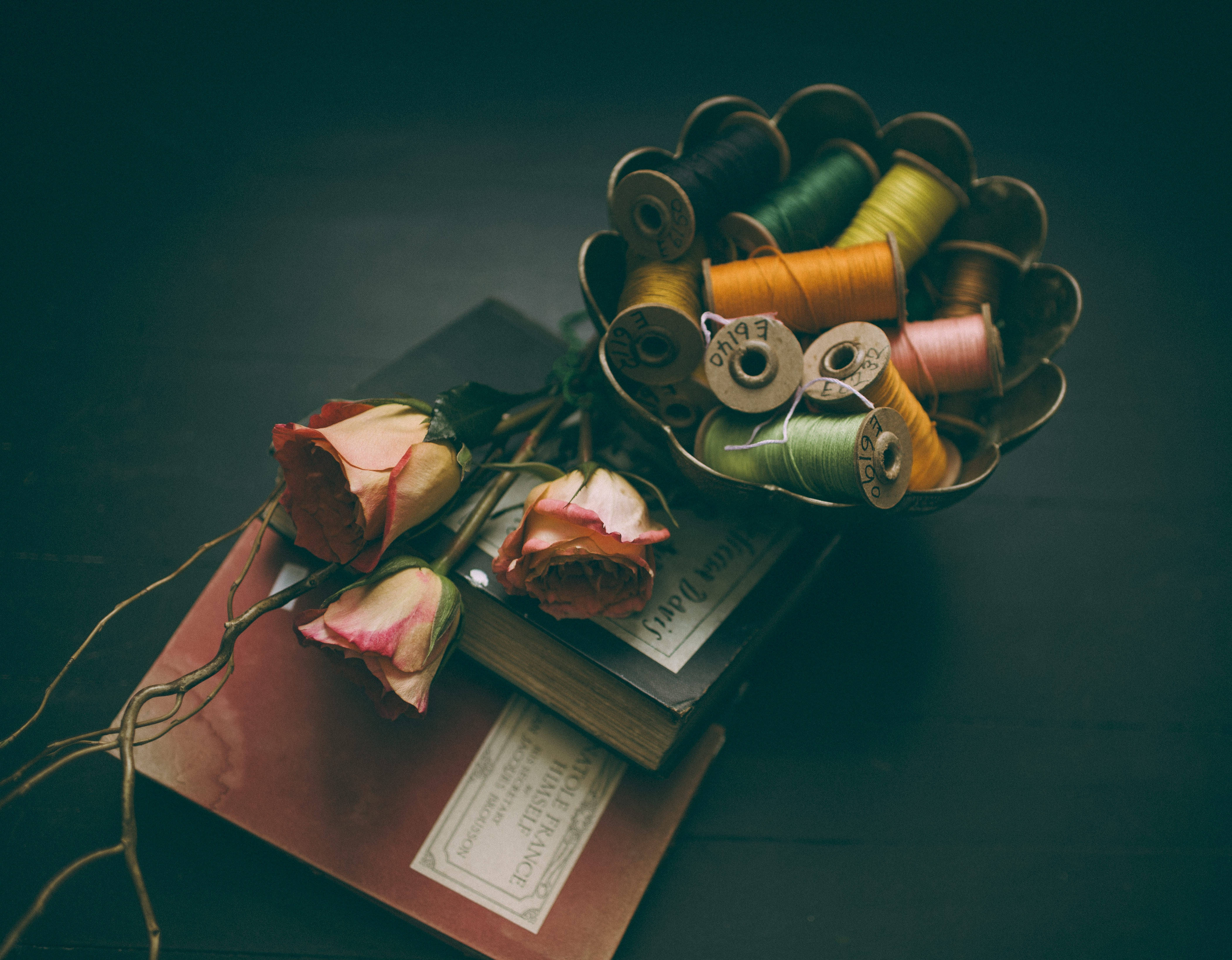 books, threads, roses, 4K Desktop Wallpaper