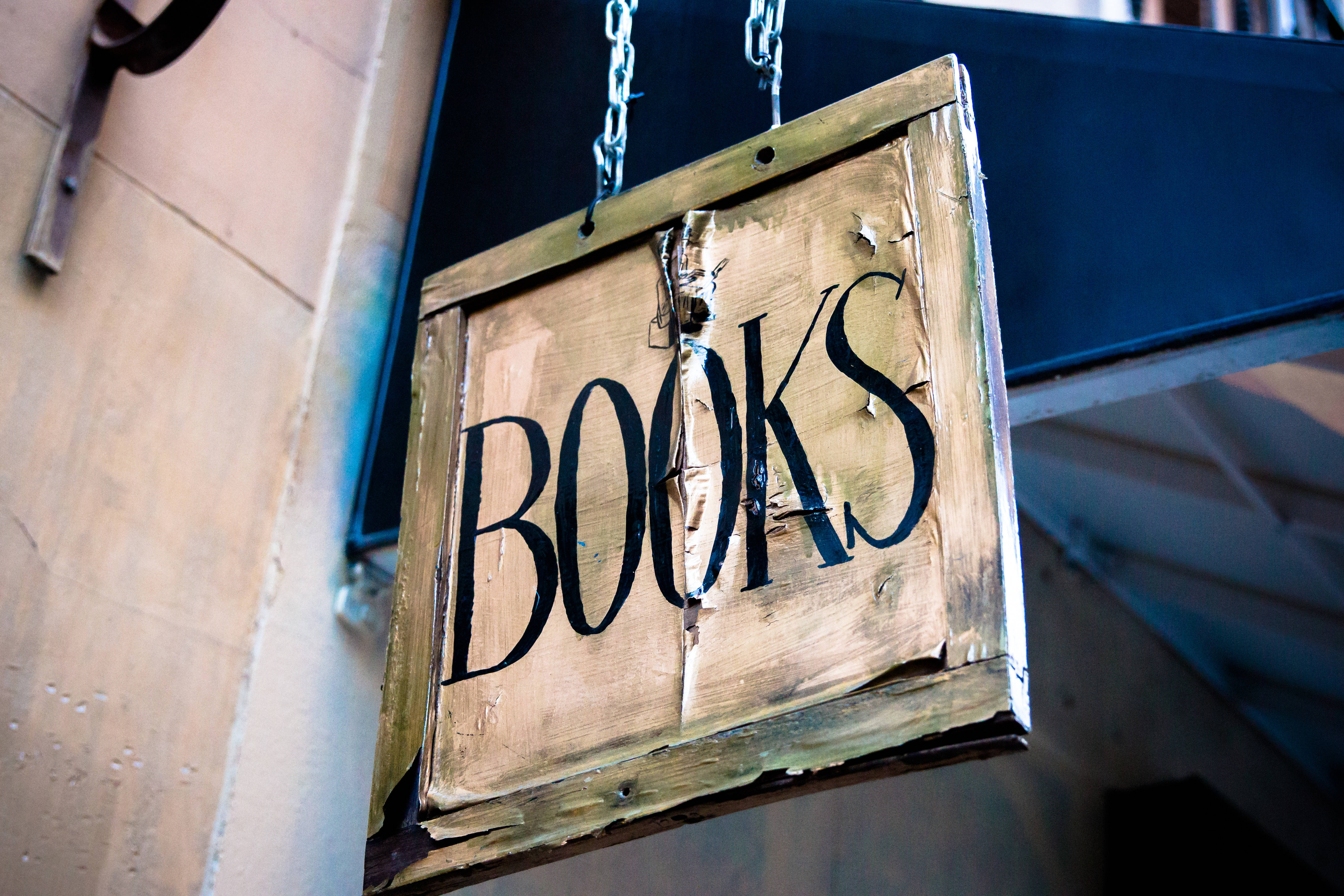 BOOKS, weathered wooden sign, bold black lettering, 5K Desktop Wallpaper
