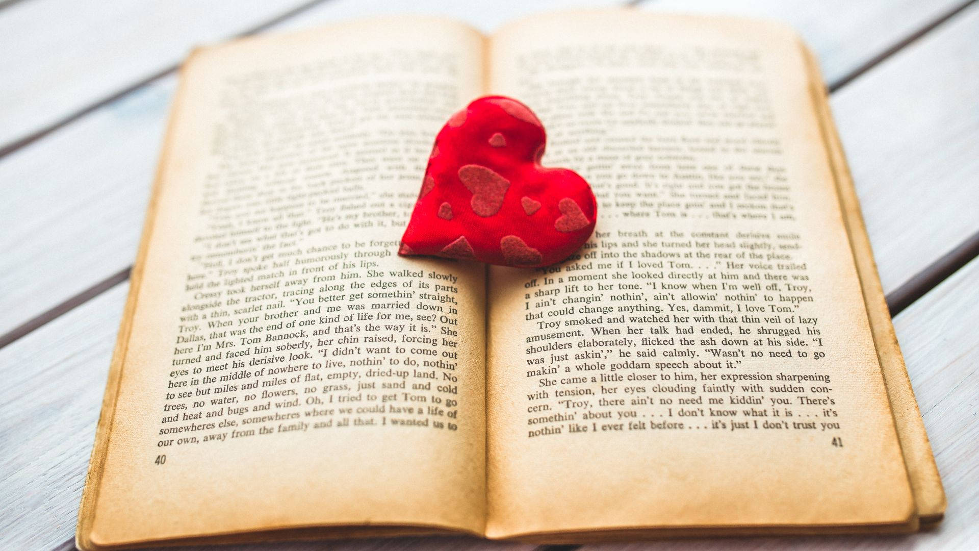 red heart-shaped bookmark, open book, printed text, Full HD Desktop Wallpaper